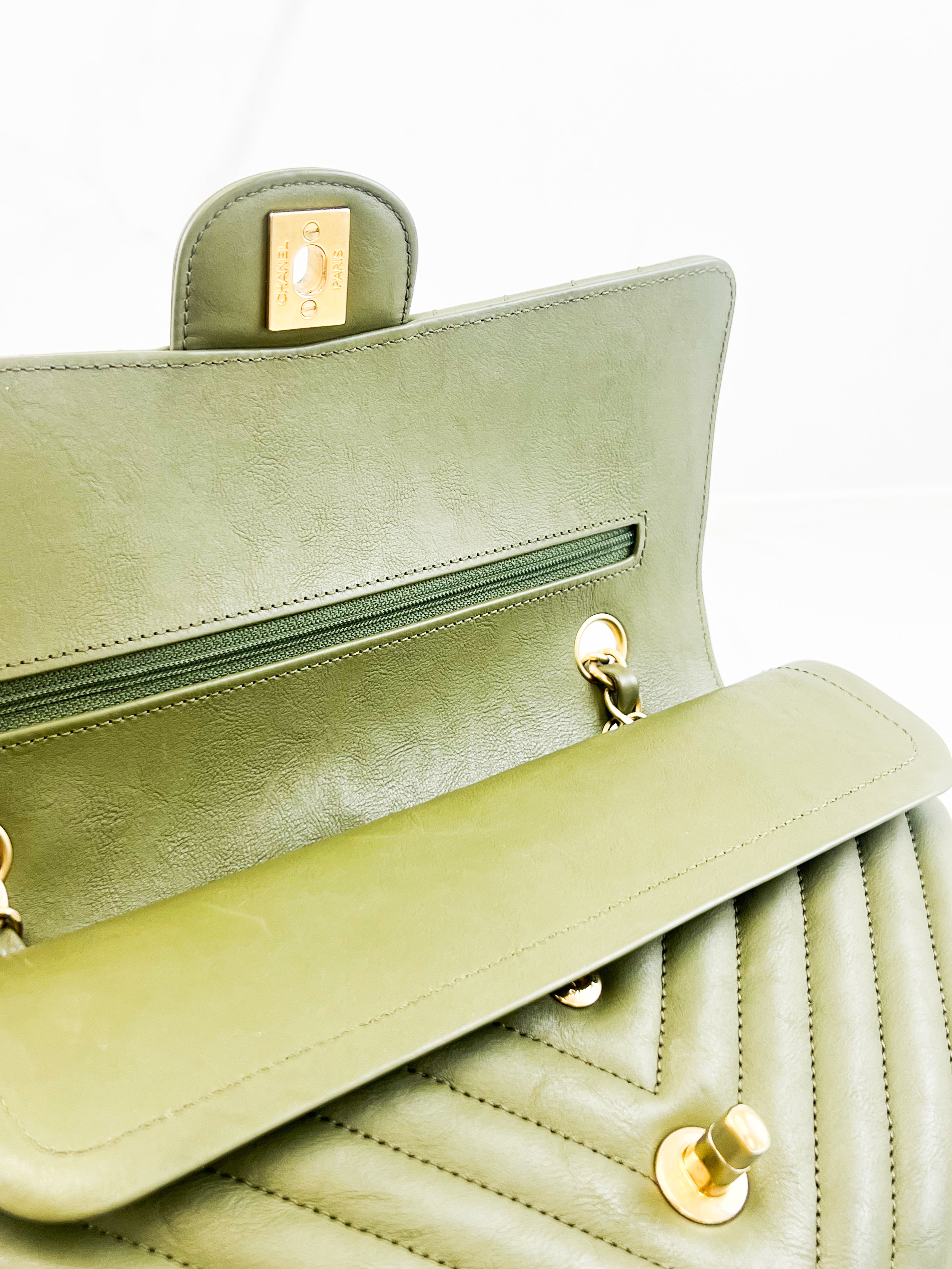 Chanel CC Medium Calfskin Olive Green Classic Double Flap Shoulder Bag GHW