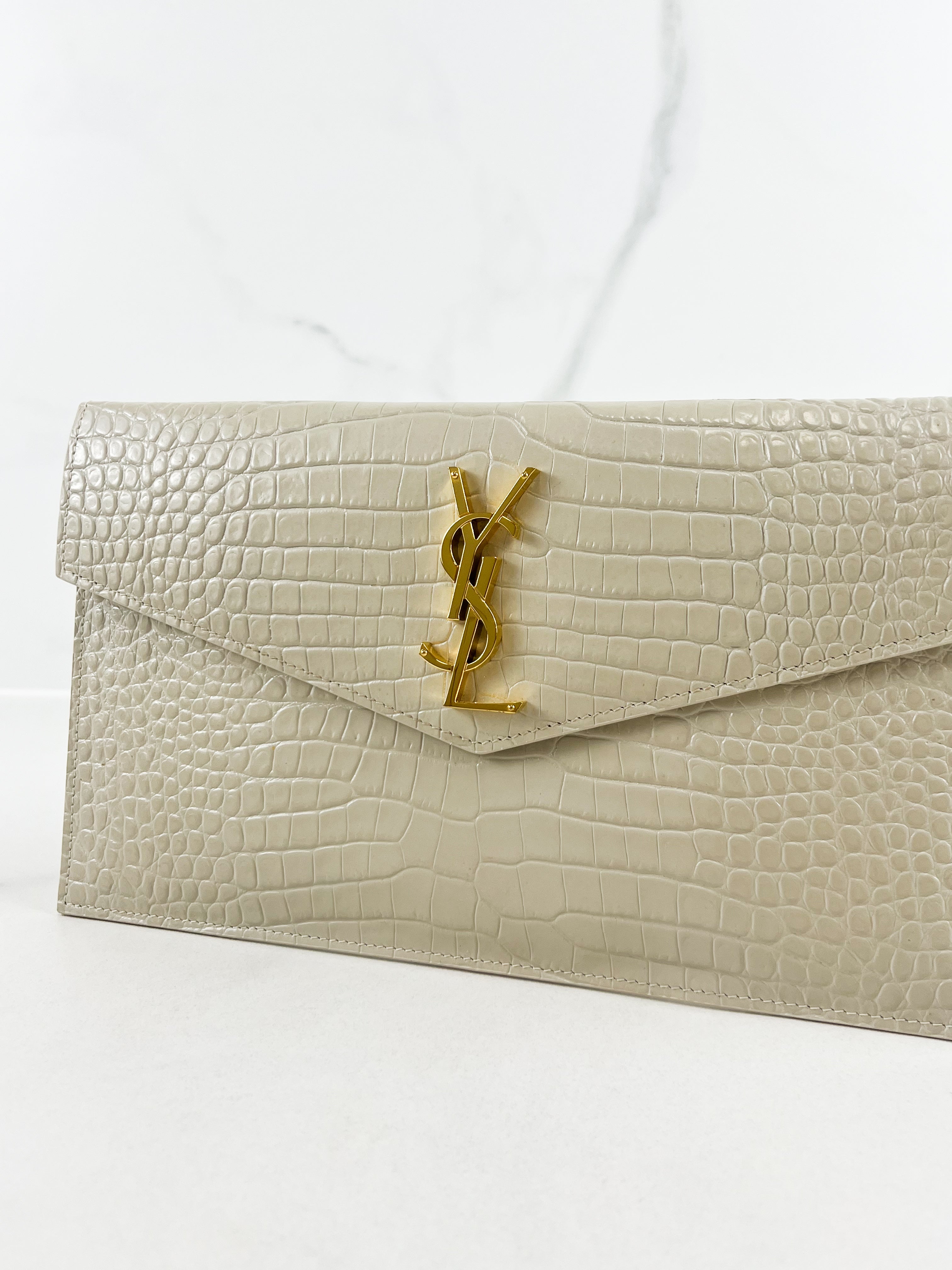 Saint Laurent Beige Uptown Pouch in Crema Soft Croc-Effect Leather