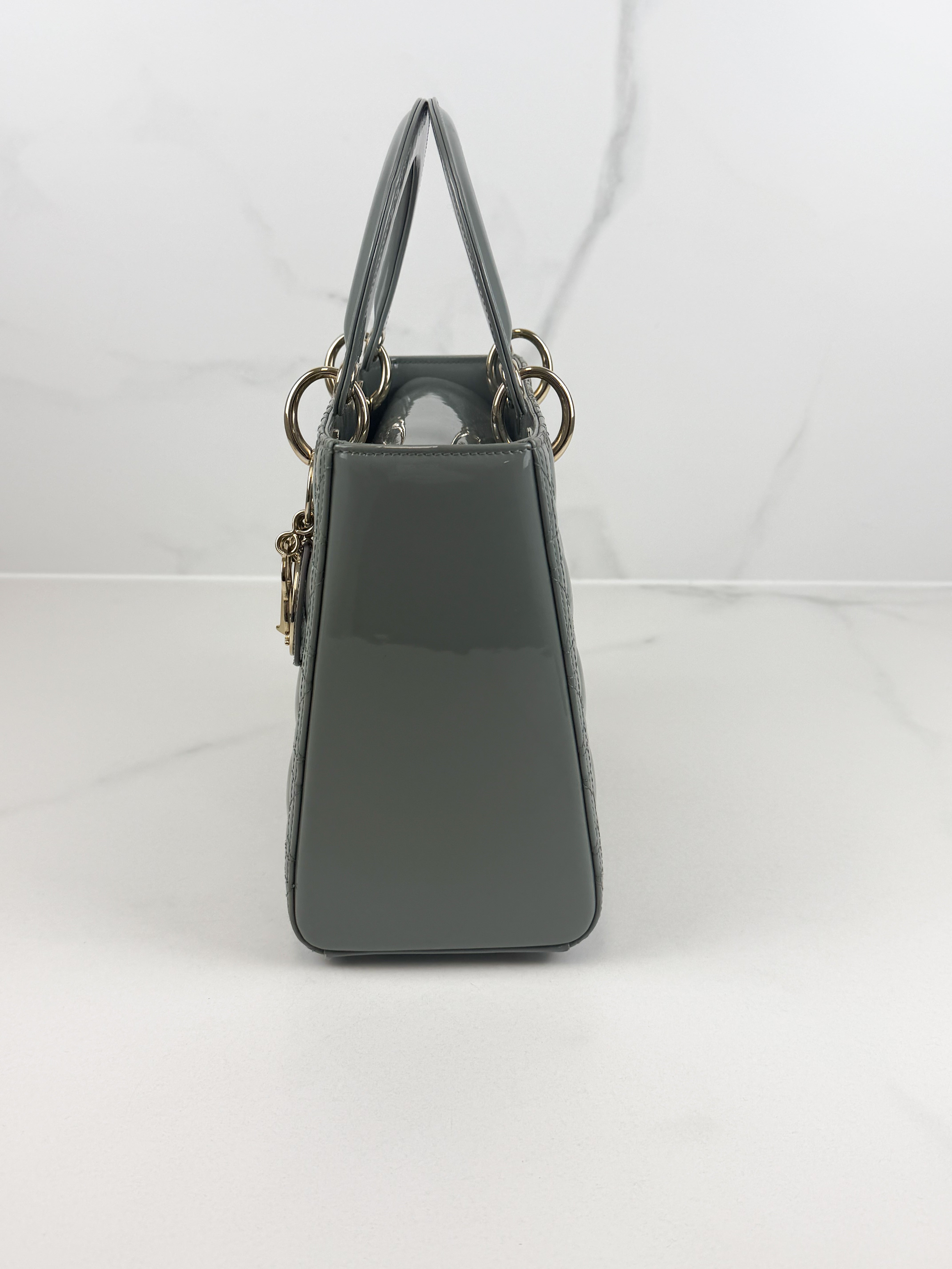 Christian Dior Medium Lady Dior In Grey Patent with GHW