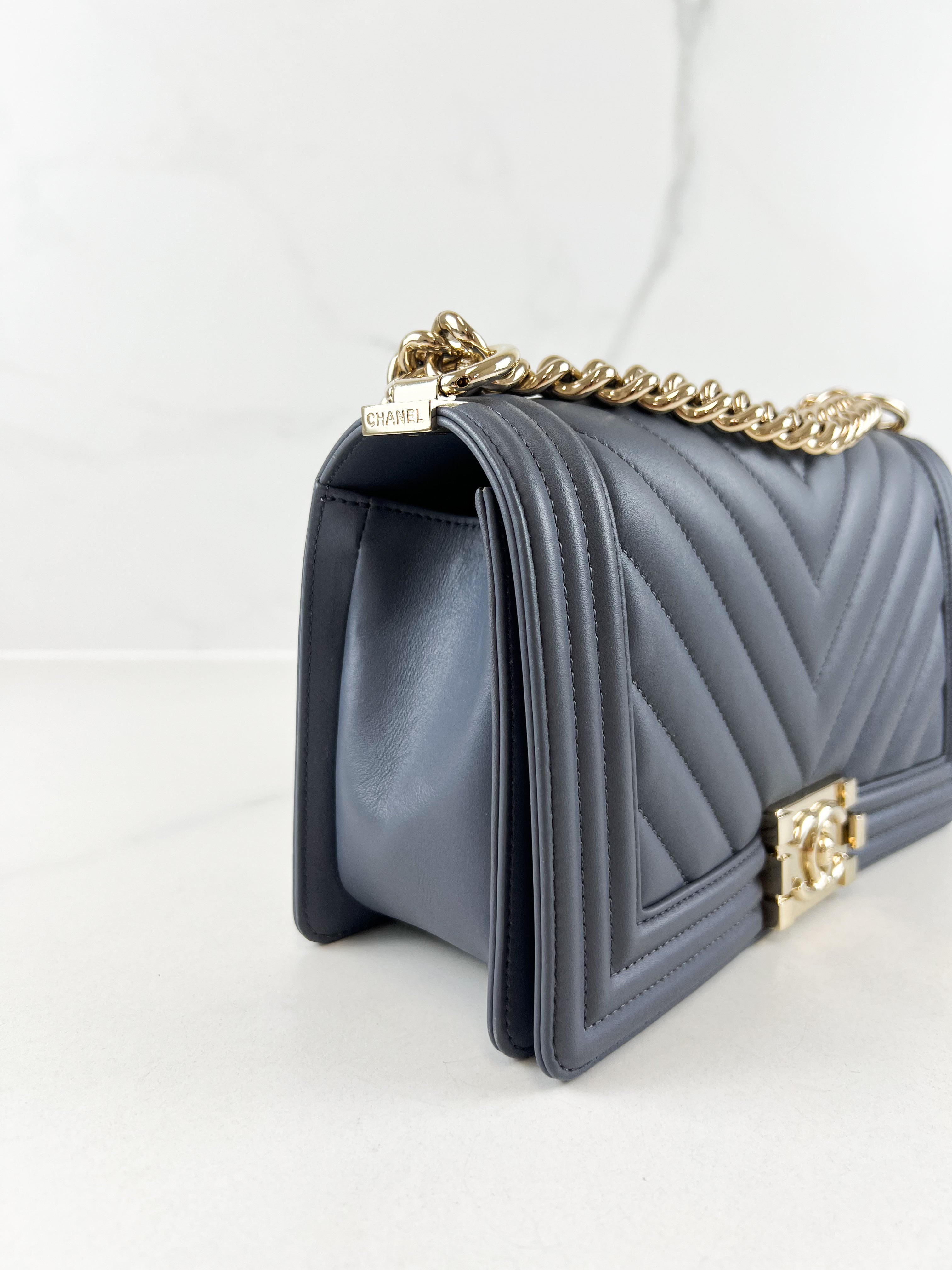 Chanel Charcoal Grey Old Medium Chevron Lambskin Boy Bag with Light Champagne GHW