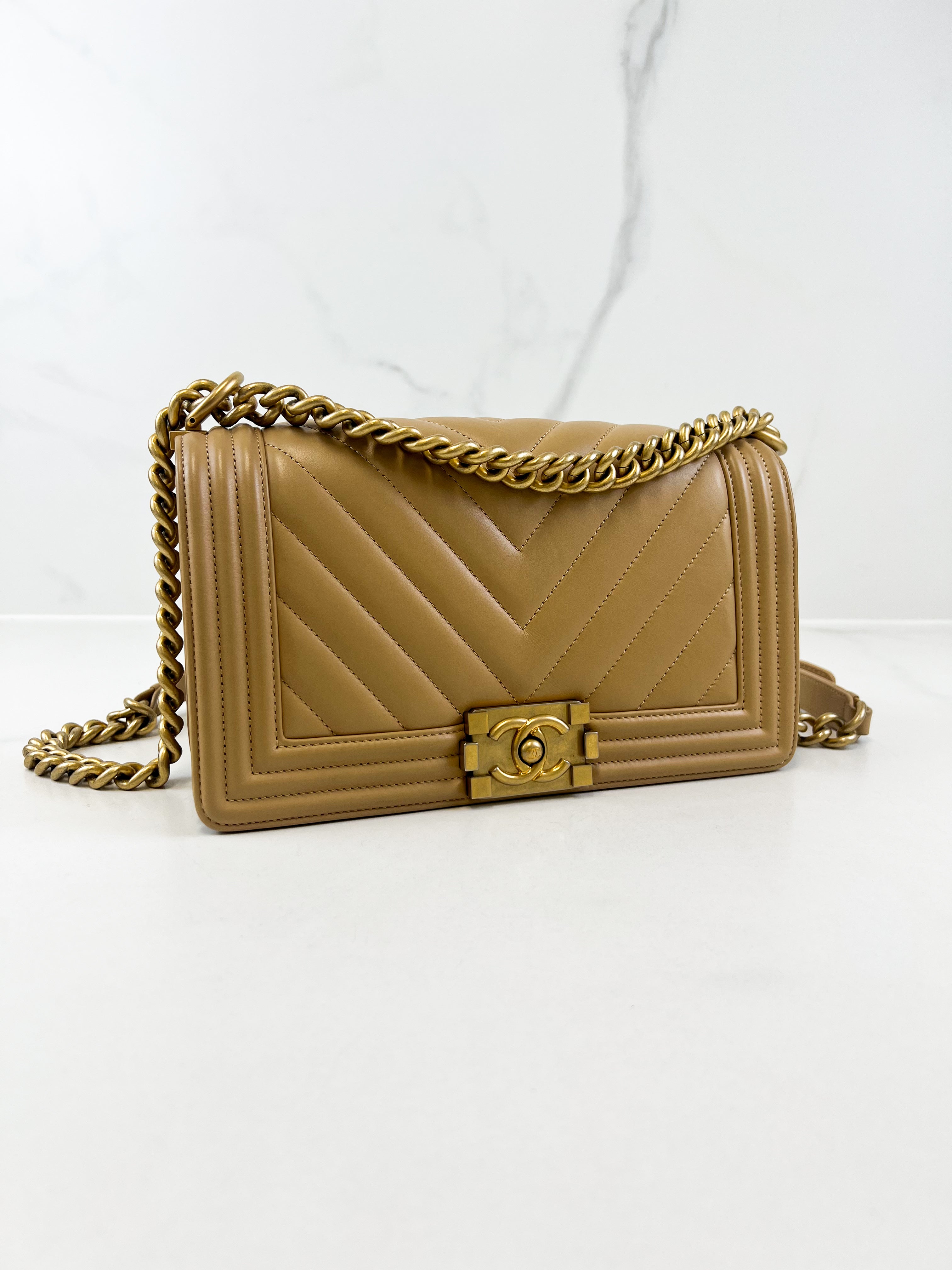 Chanel Beige Old Medium Chevron Calfskin Boy Bag with GHW