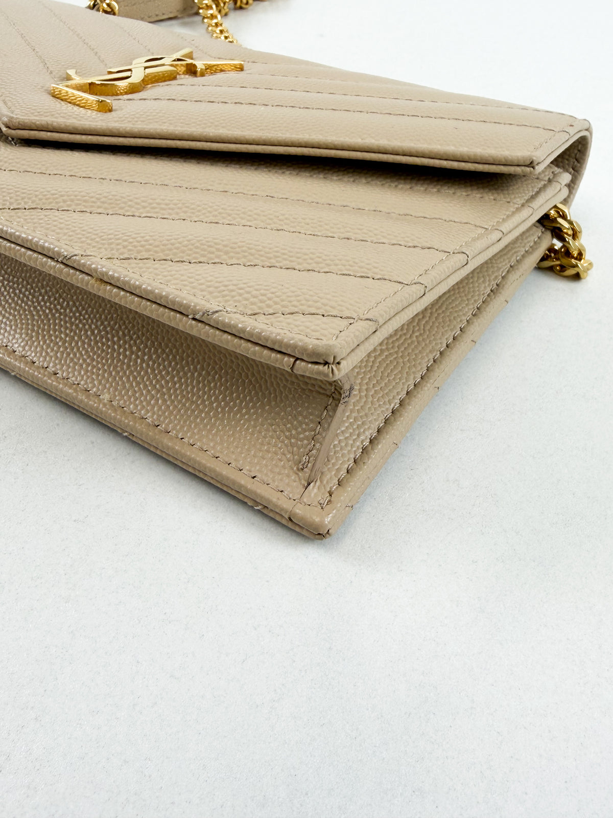 Saint Laurent Dark Beige Cassandre Envelope WOC in Grain De Poudre Leather with GHW