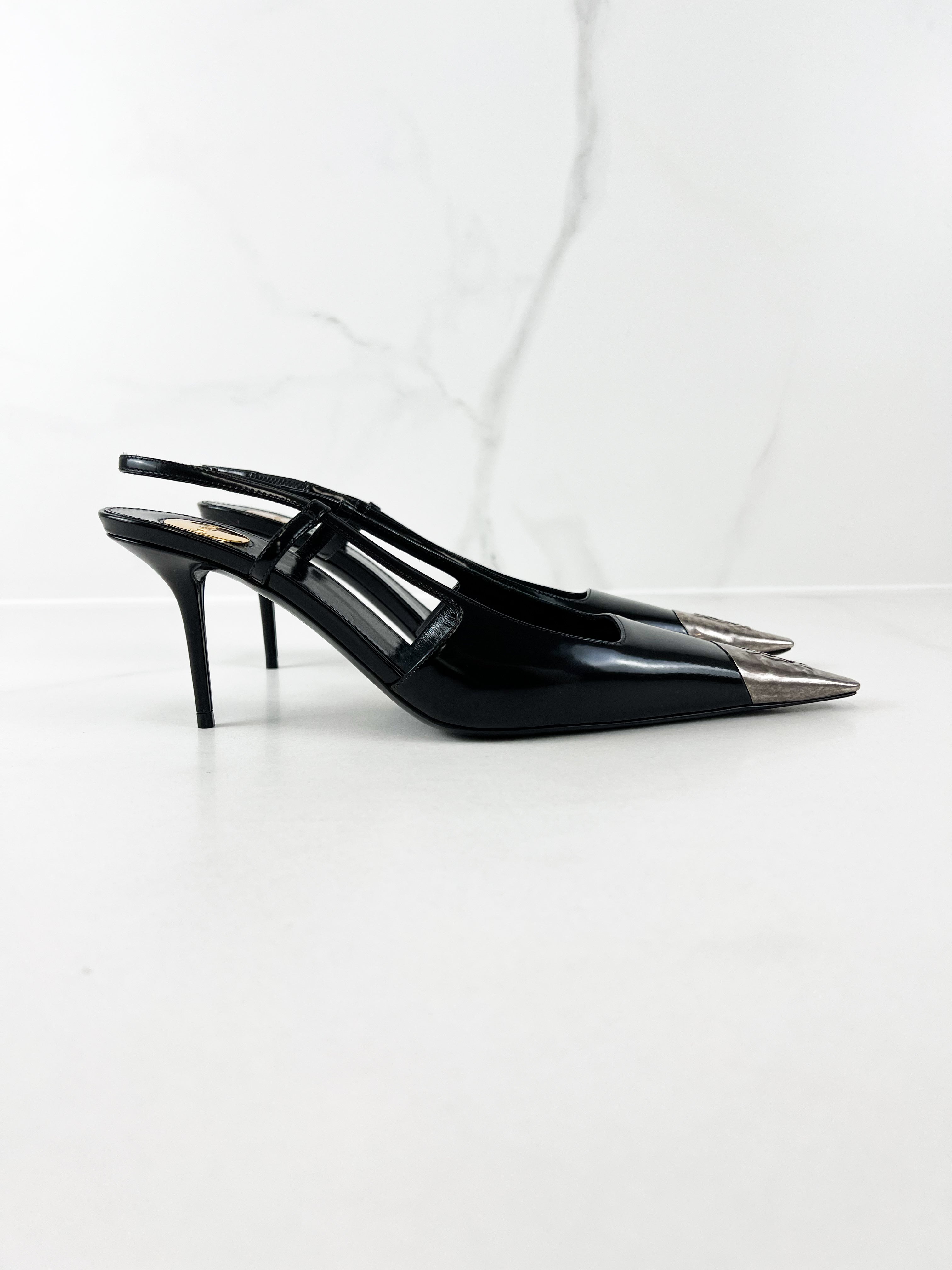 Saint Laurent Jenne Leather Pumps with Silver-tone Metal Cap Toe Size 36