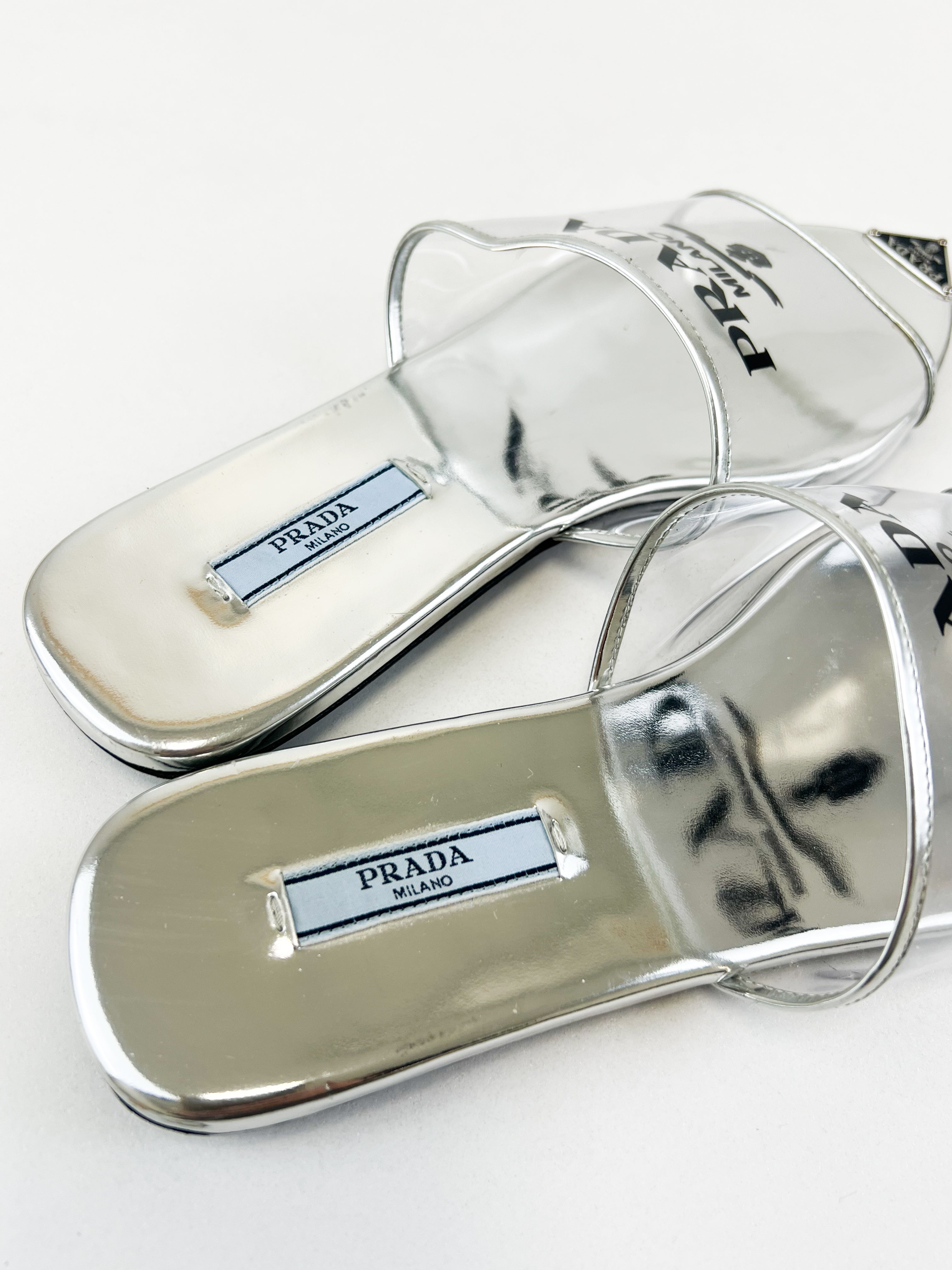 Prada Leather Silver PVC Slides Size 38