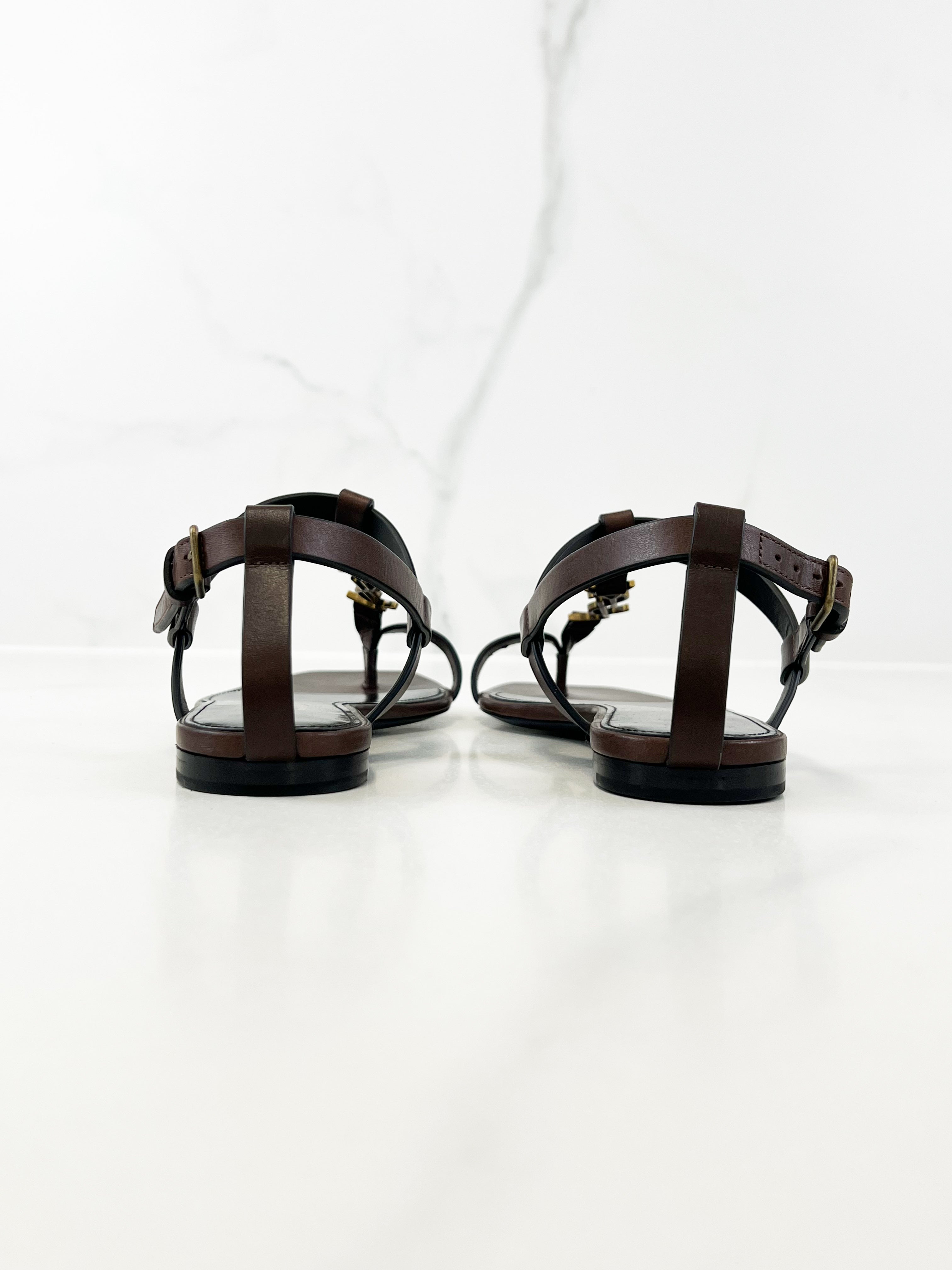 Saint Laurent Cassandra Flat Sandal in Chocolate Patent Leather 37.5