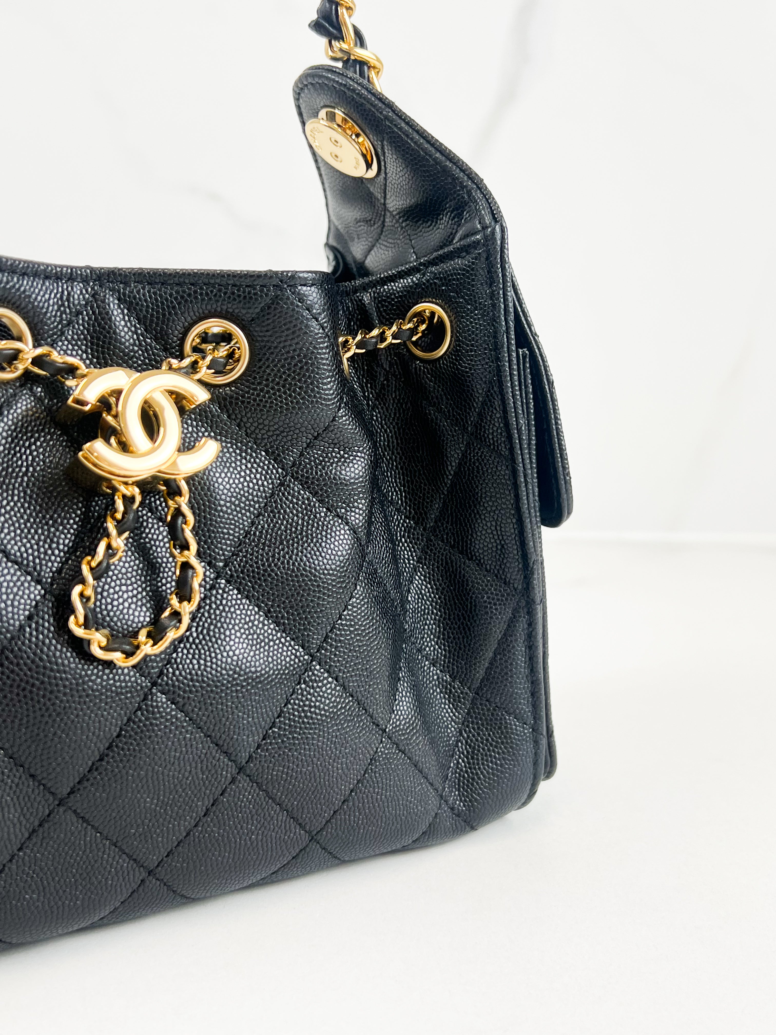Chanel 25 Mini Handbag in Black Grained Calfskin & Gold-Tone Metal