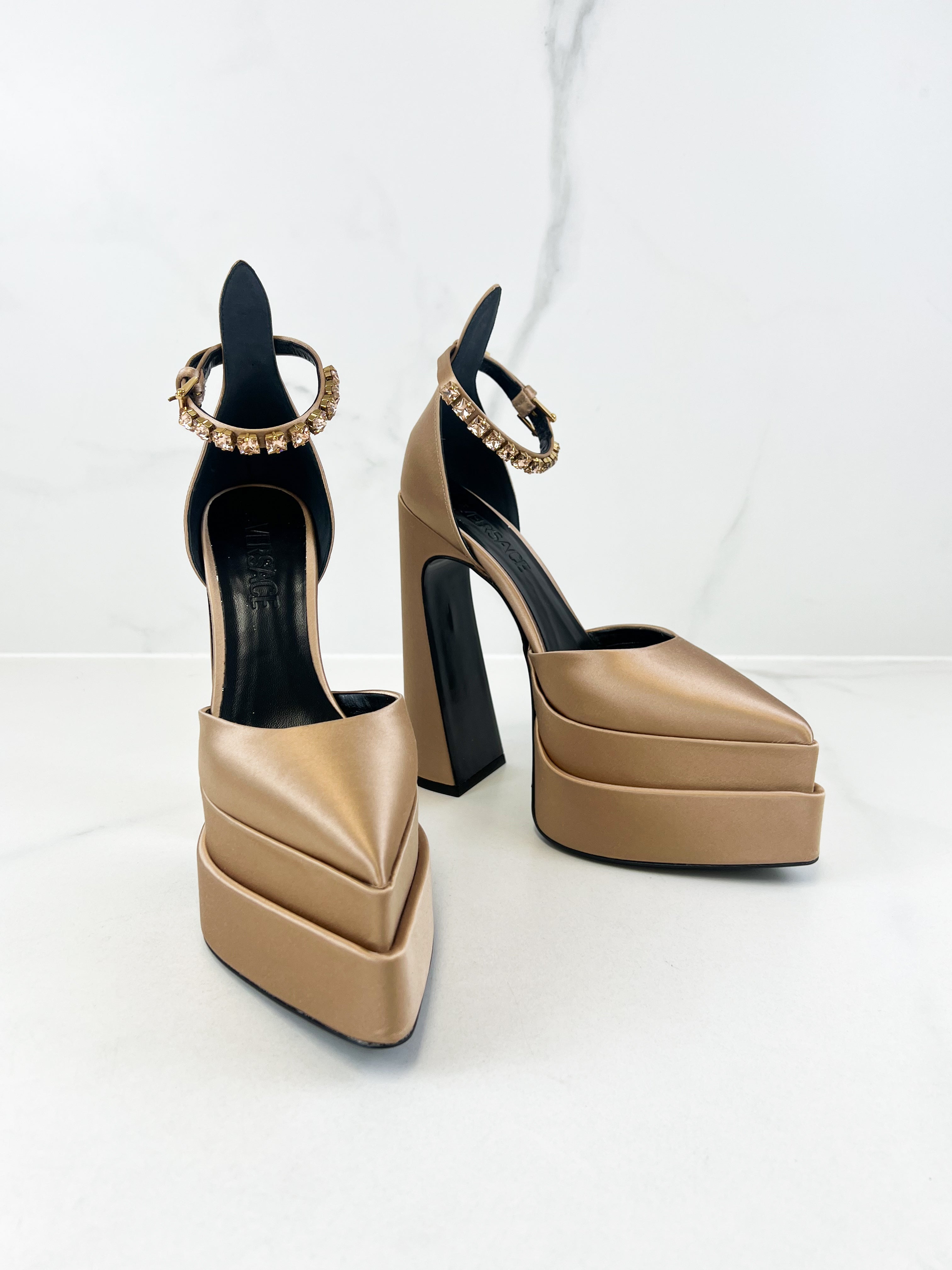 Versace Aevitas Pointy Platform Satin Pumps Size 37