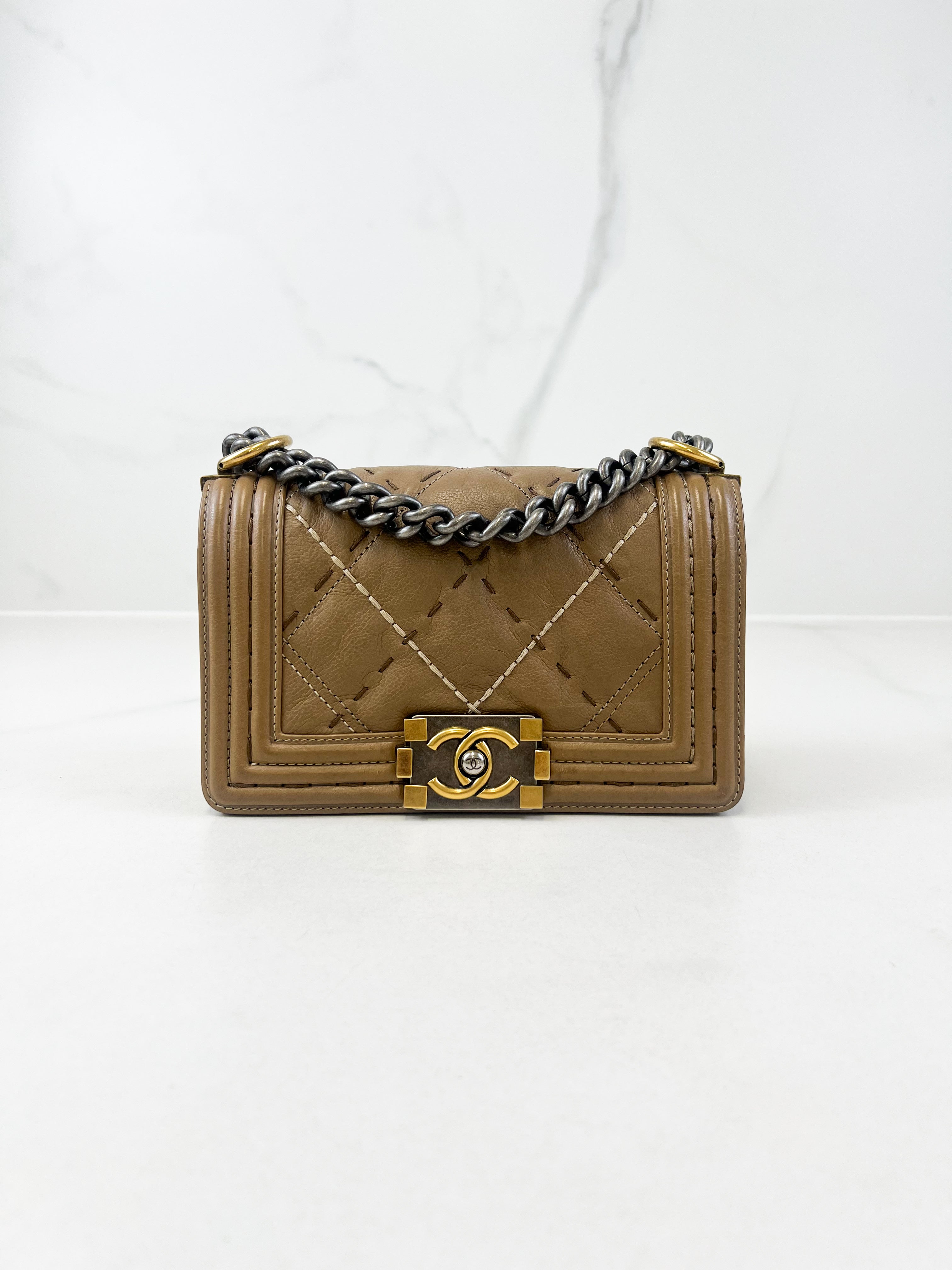 Chanel Small Beige Boy Bag Calfskin Ruthenium & Gold HW