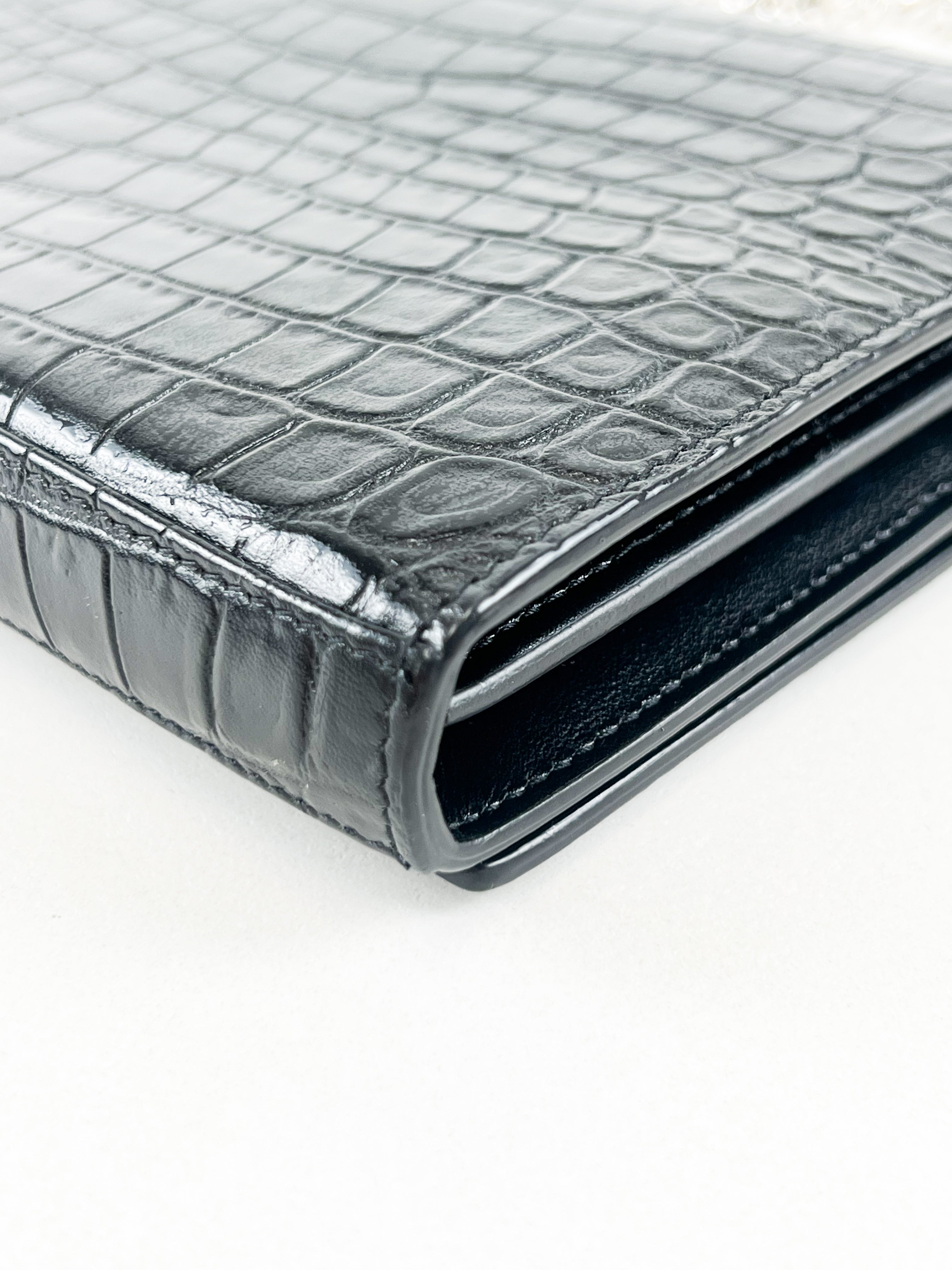 Saint Laurent Black Kate Chain Bag in Embossed Croc Leather