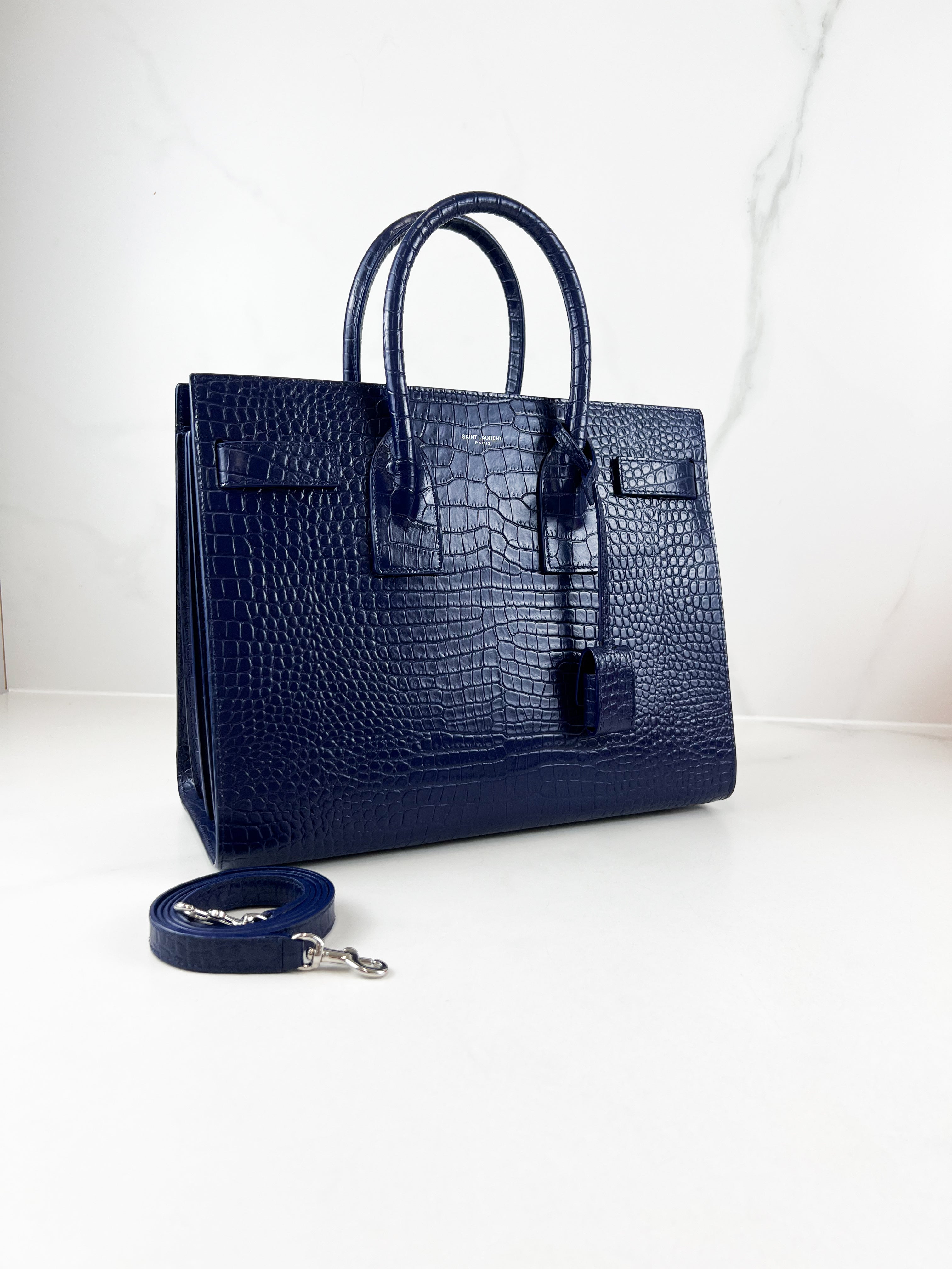 Saint Laurent Sac De Jour Small in Blue Croc Leather