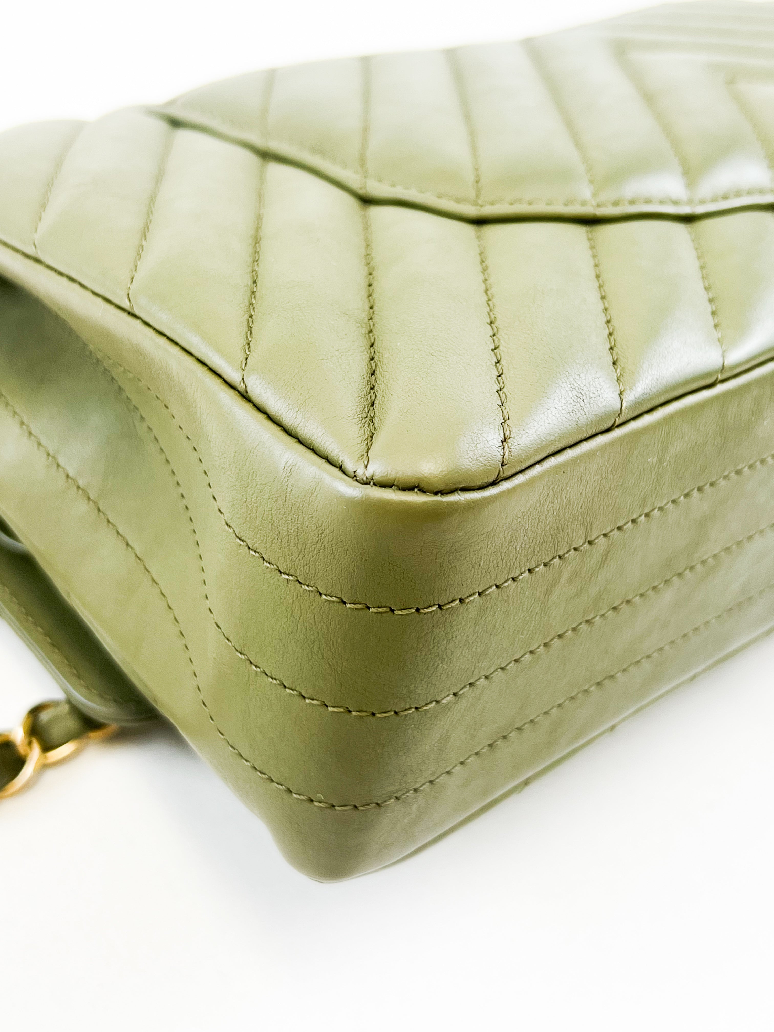 Chanel CC Medium Calfskin Olive Green Classic Double Flap Shoulder Bag GHW