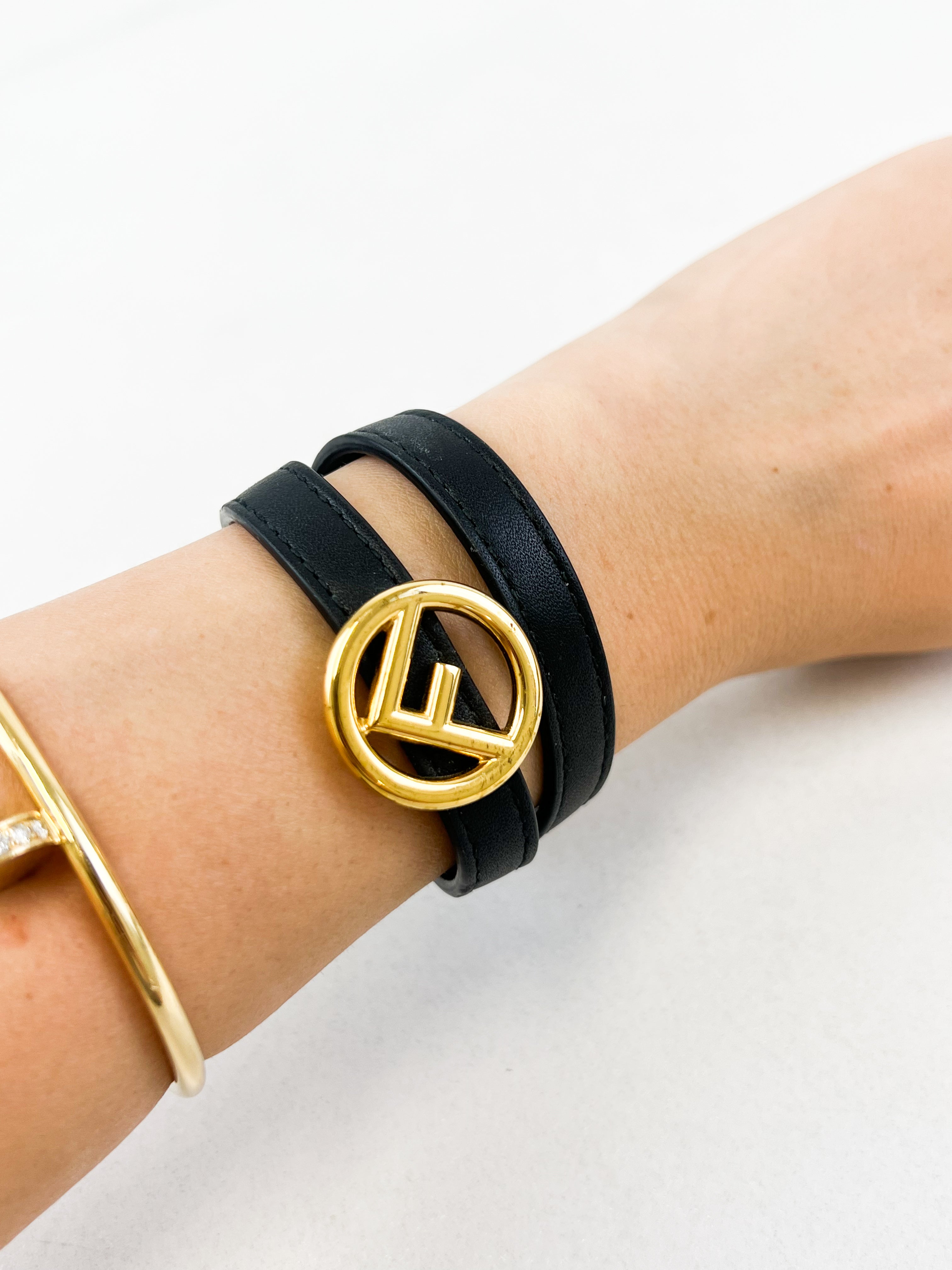 Fendi F Logo Leather Wrap-around Bracelet in Black with GHW