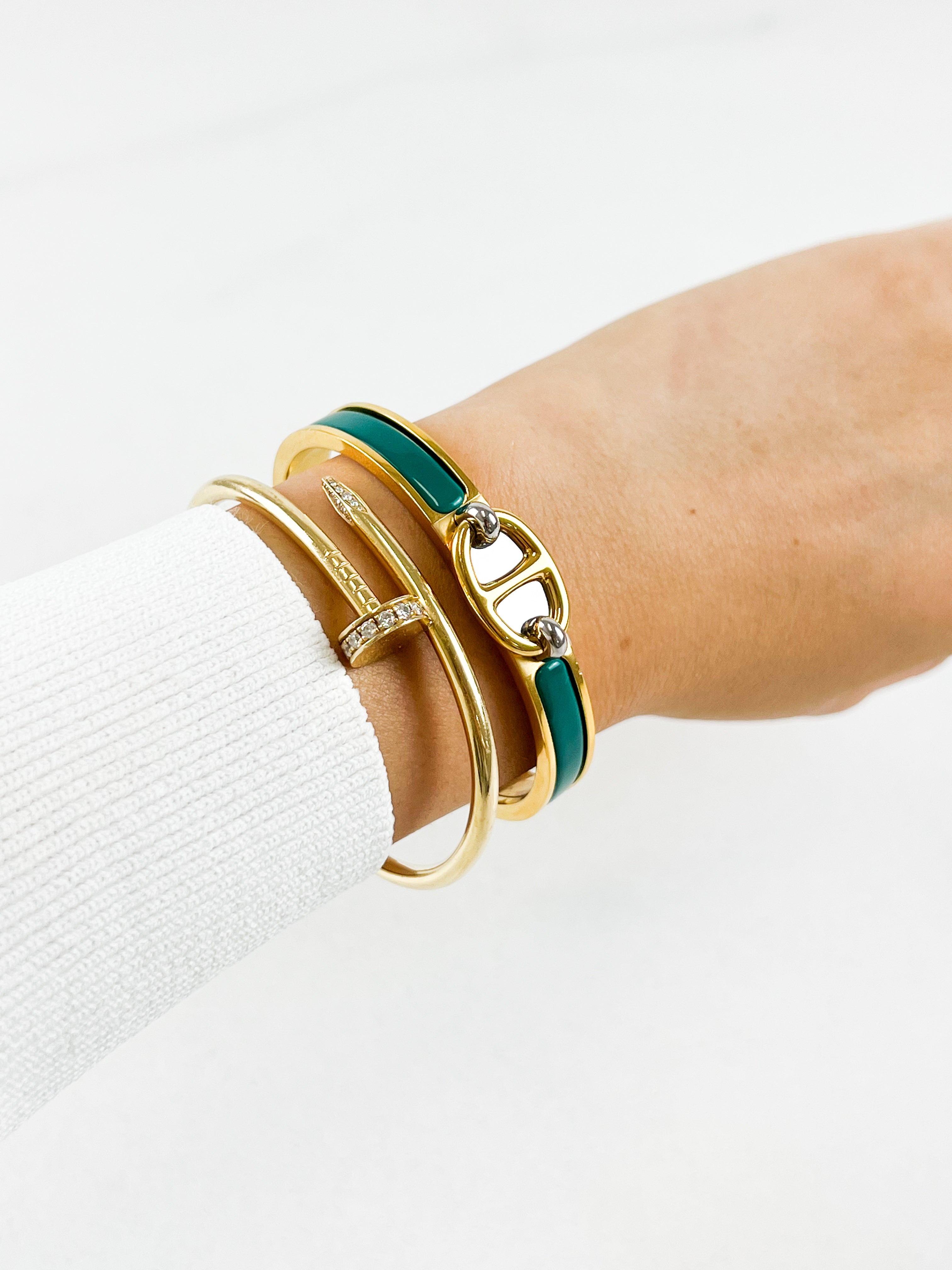 Hermès Mini Clic Chaîne d'Ancre Enamel Bracelet in Gold / Vert Bleuet