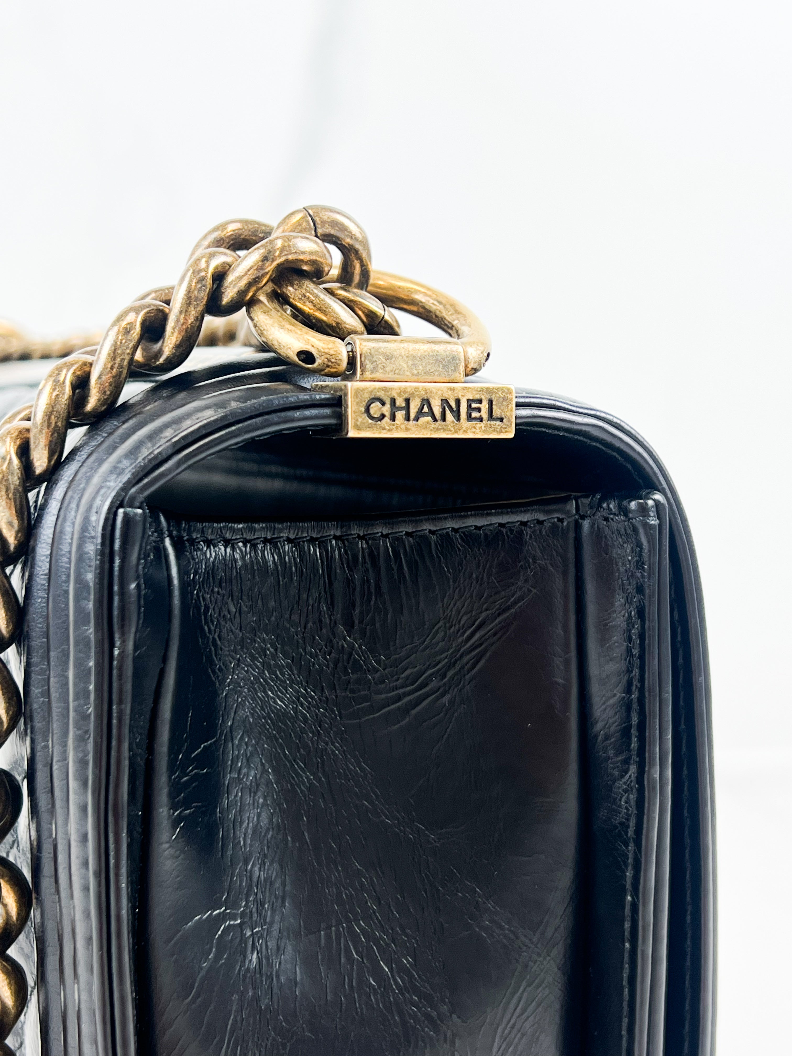 Chanel Limited edition Black New Medium Distressed Calfskin Boy Bag with Antique GHW