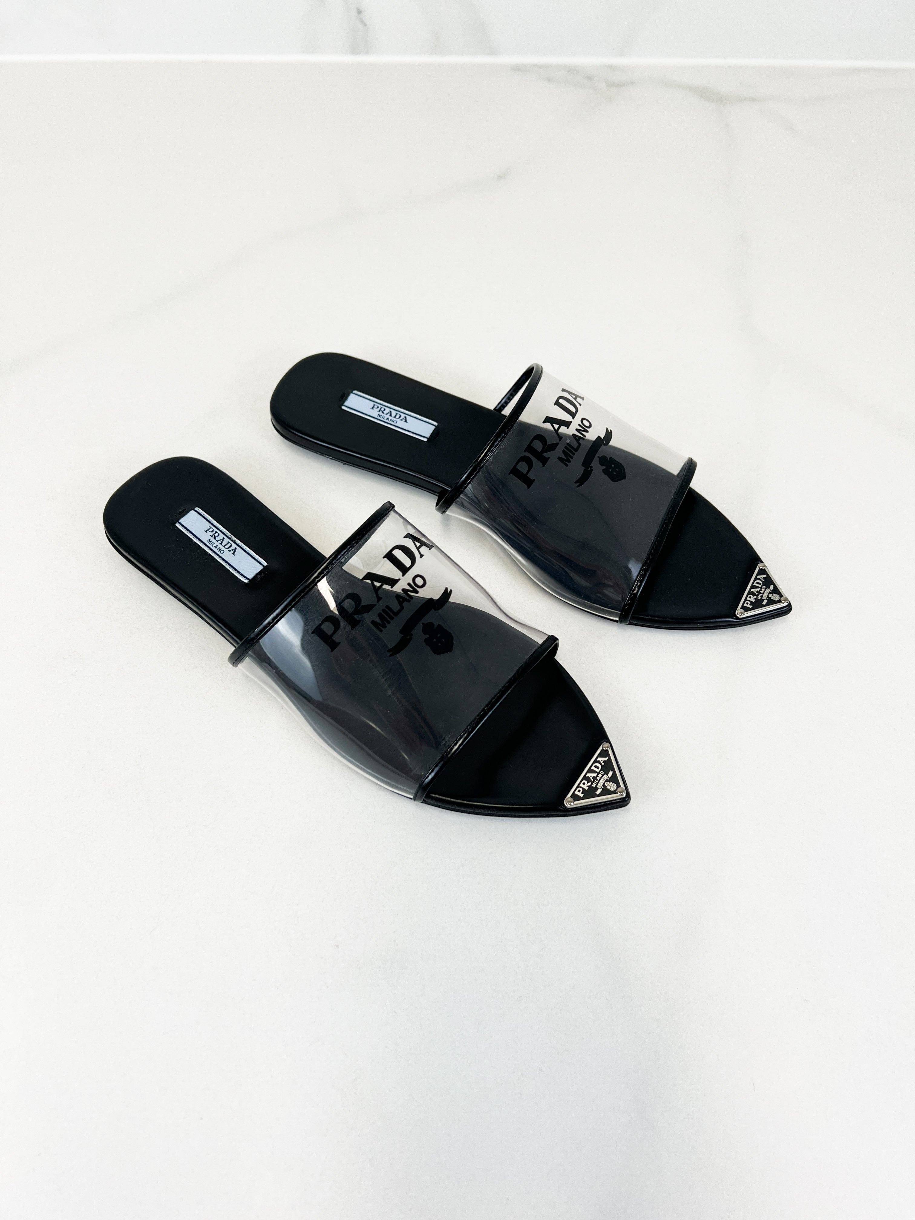 Prada Logo Print Plexiglass Flat Mule Size 37.5