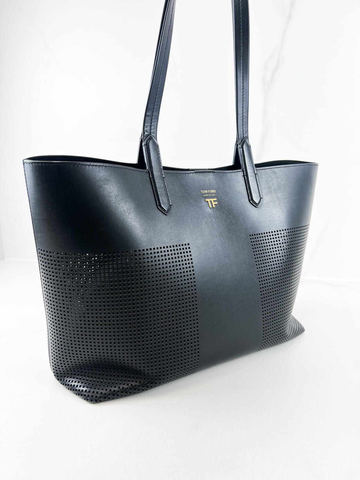 Tom Ford East/West Graphic T Perforated Leather Tote Bag