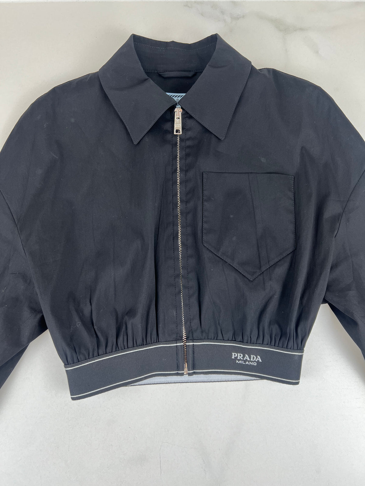 Prada Dark Navy Cropped Stretch Poplin Logo Band Jacket Size 36
