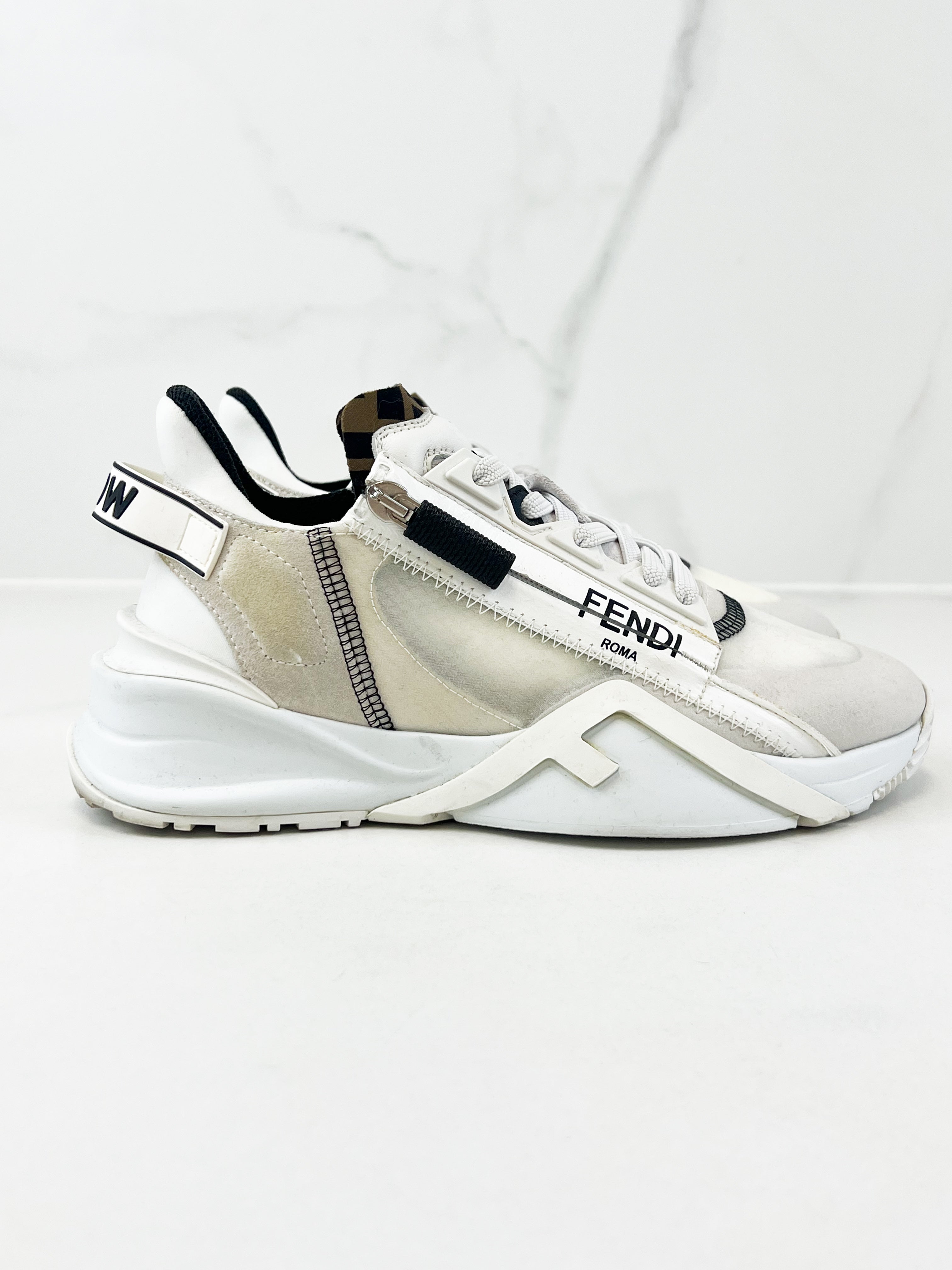 Fendi Flow Sneaker White Nylon & Suede Low Top Size 36