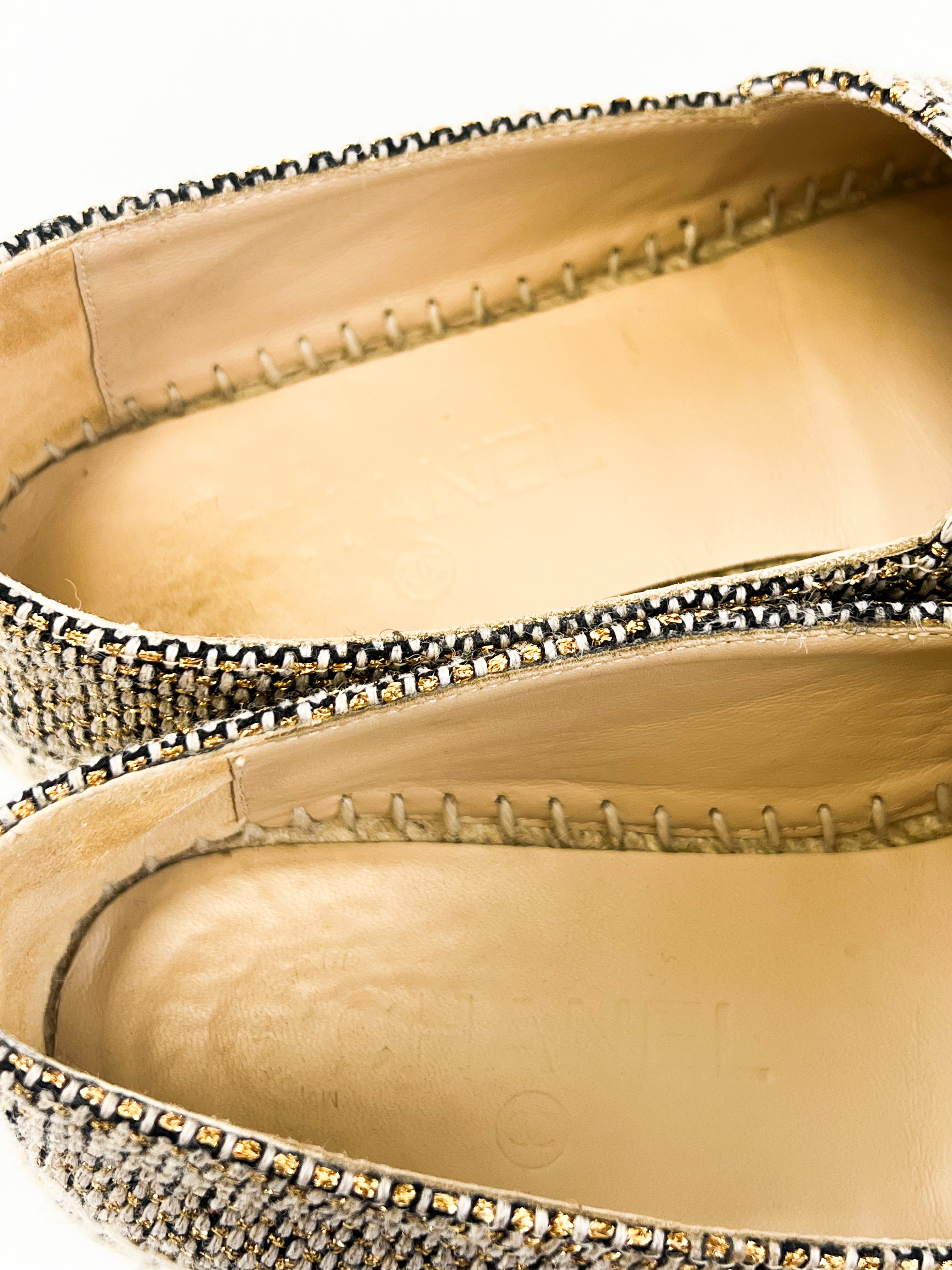Chanel CC Gold & Black Fabric Espadrille Size 37
