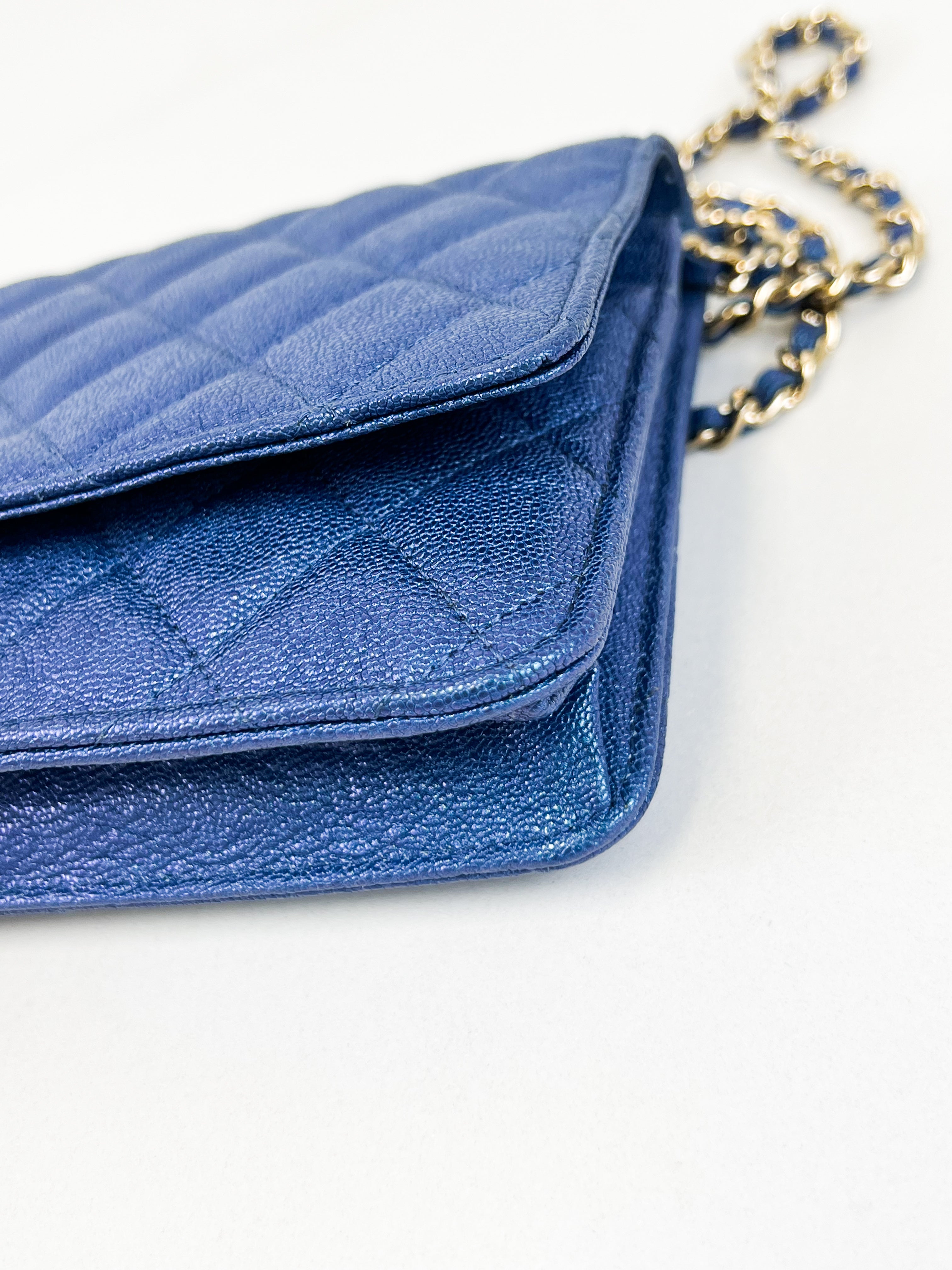 Chanel Metallic Blue Caviar Wallet on Chain with GHW
