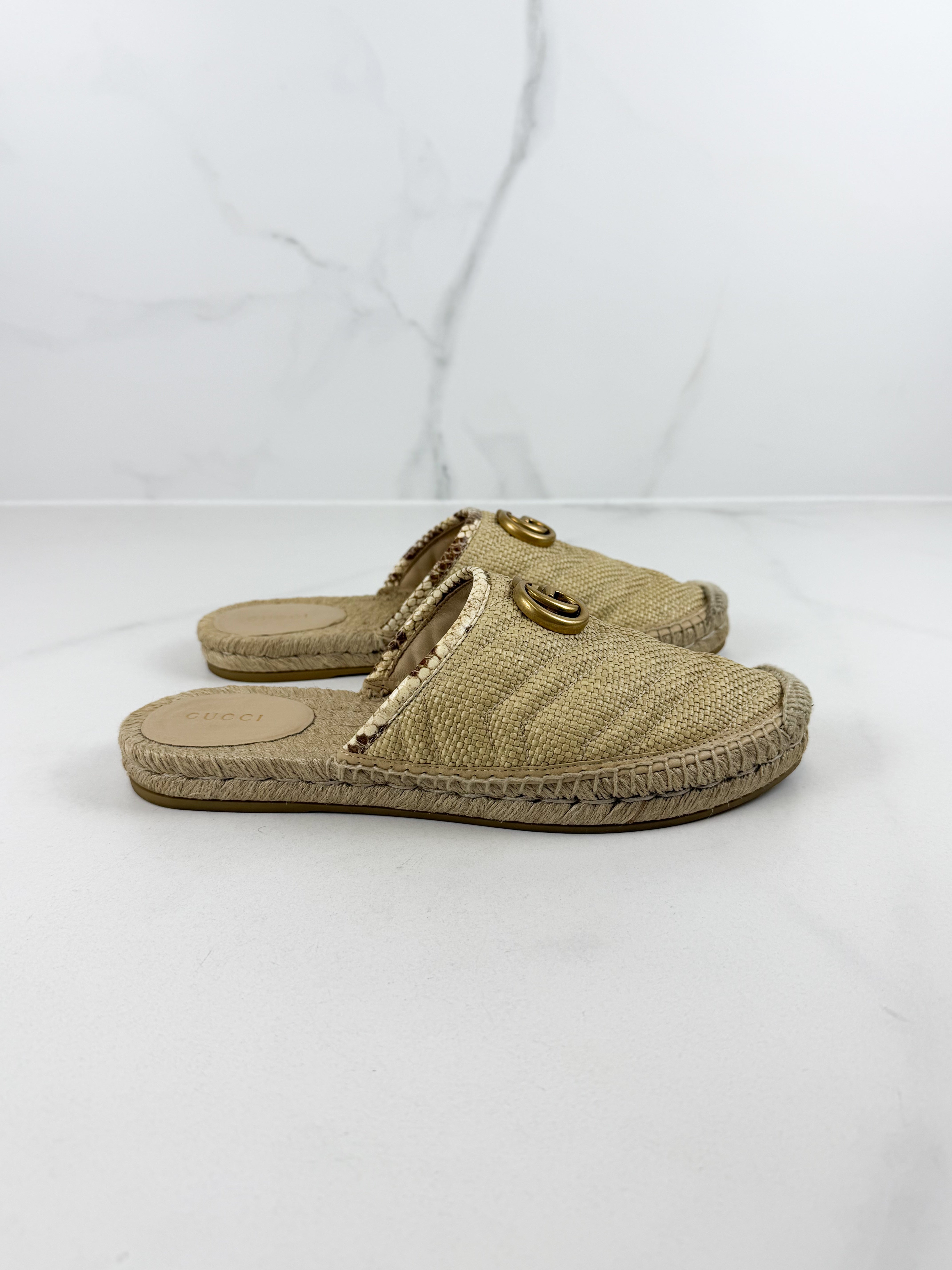 Gucci GG Marmont Matelassé Raffia Espadrille Mules Size 39