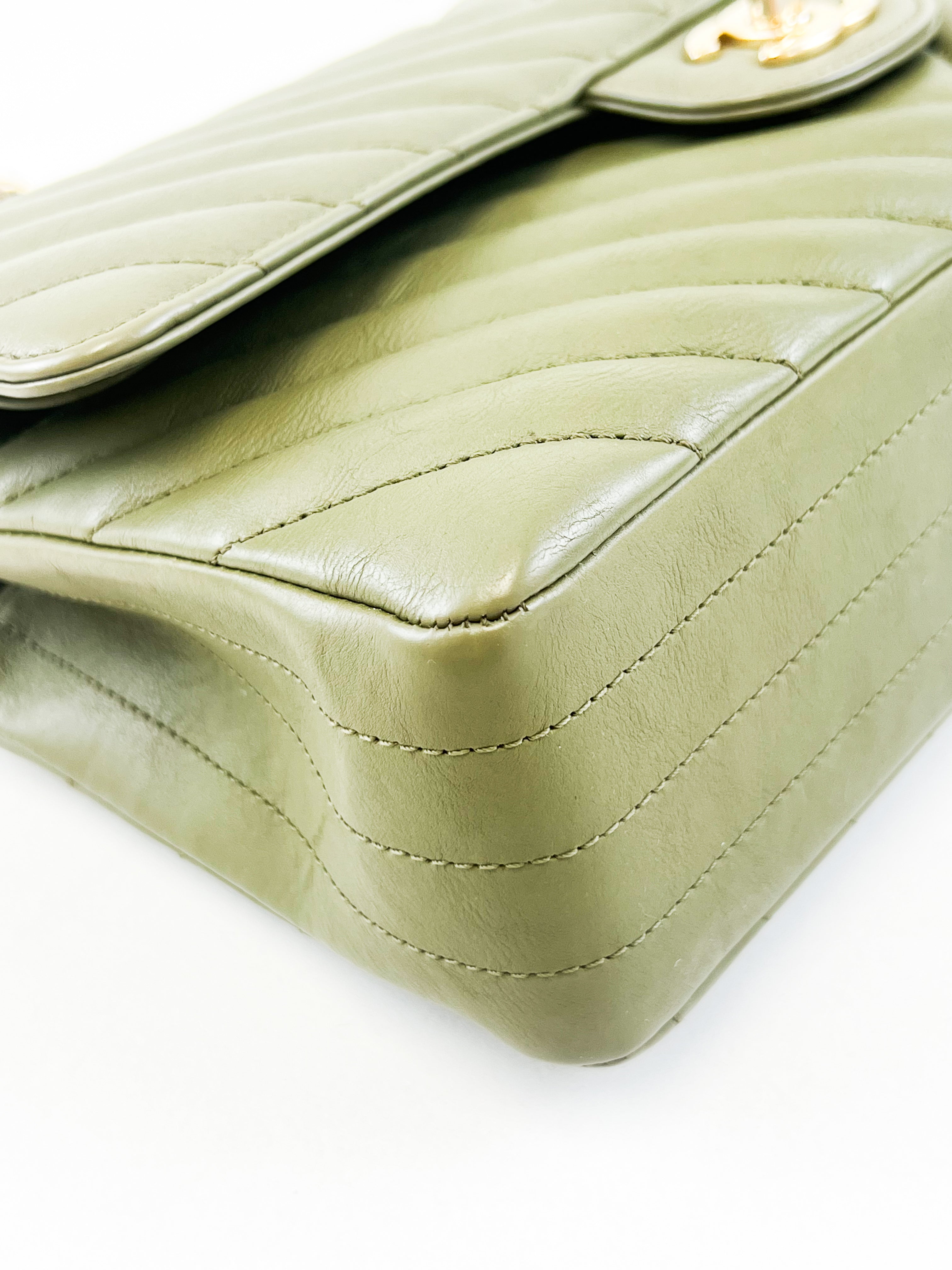 Chanel CC Medium Calfskin Olive Green Classic Double Flap Shoulder Bag GHW