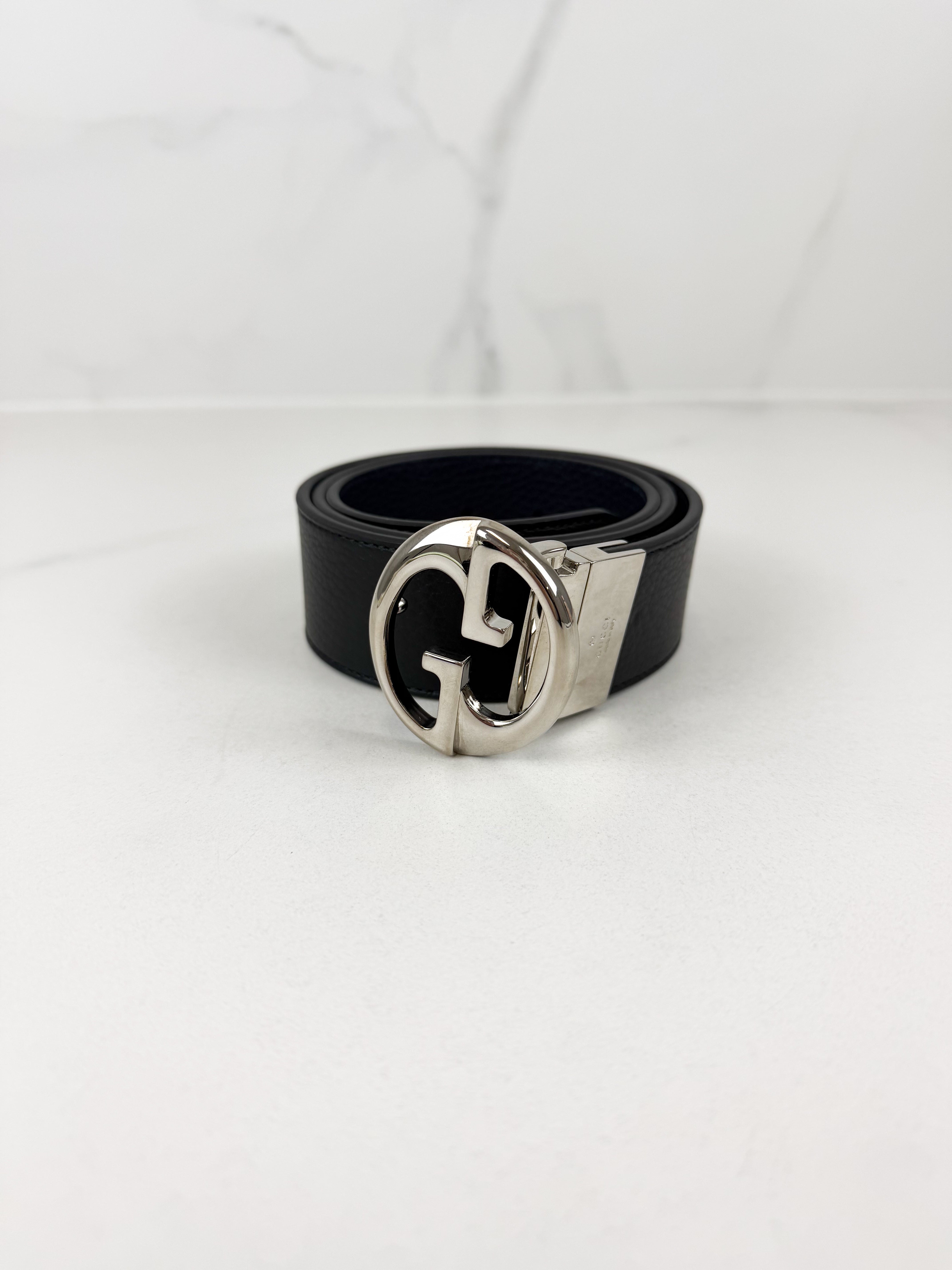 Gucci Interlocking G Leather Belt 85/32 Reversible Navy / Black