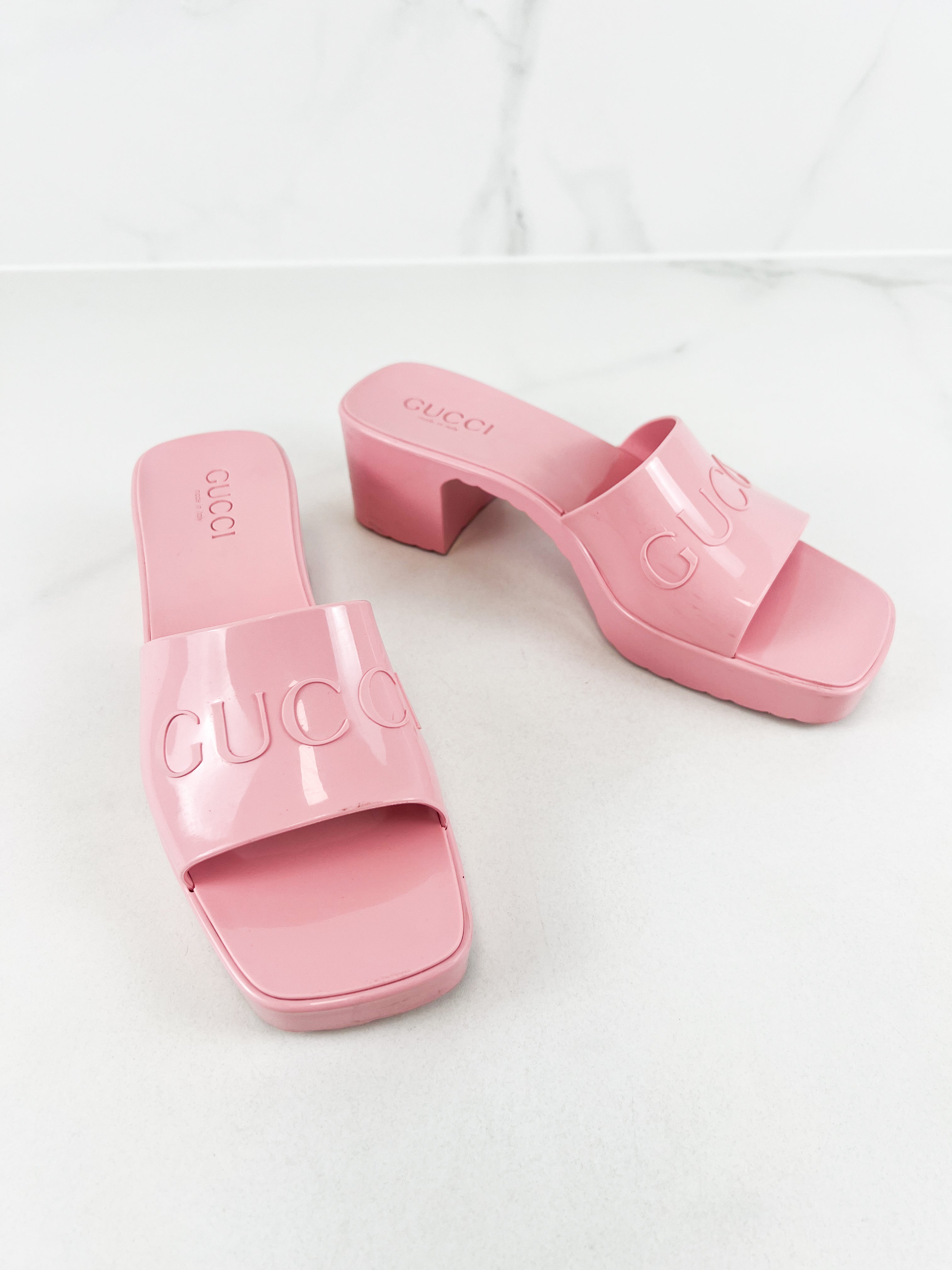 Gucci Block Heel Logo Rubber Sandal Size 38