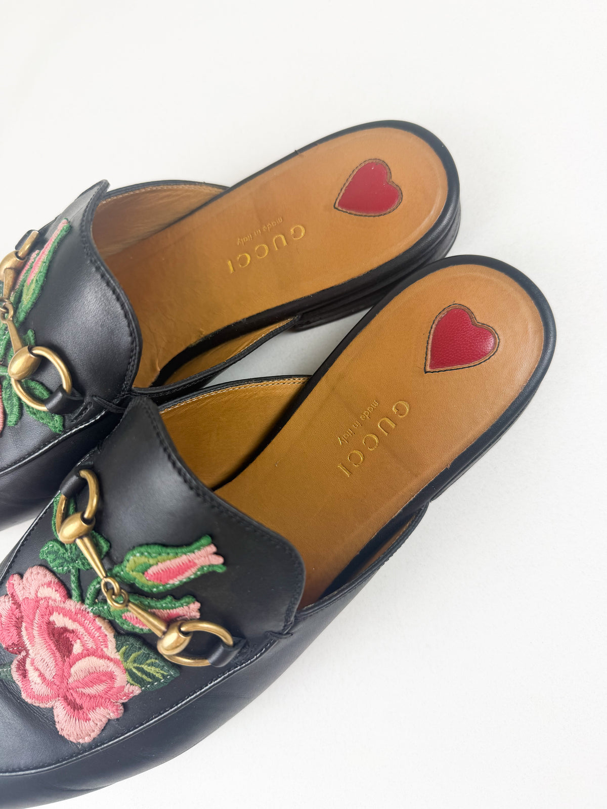 Gucci Princetown Rose Embroidered Leather Mule Size 38