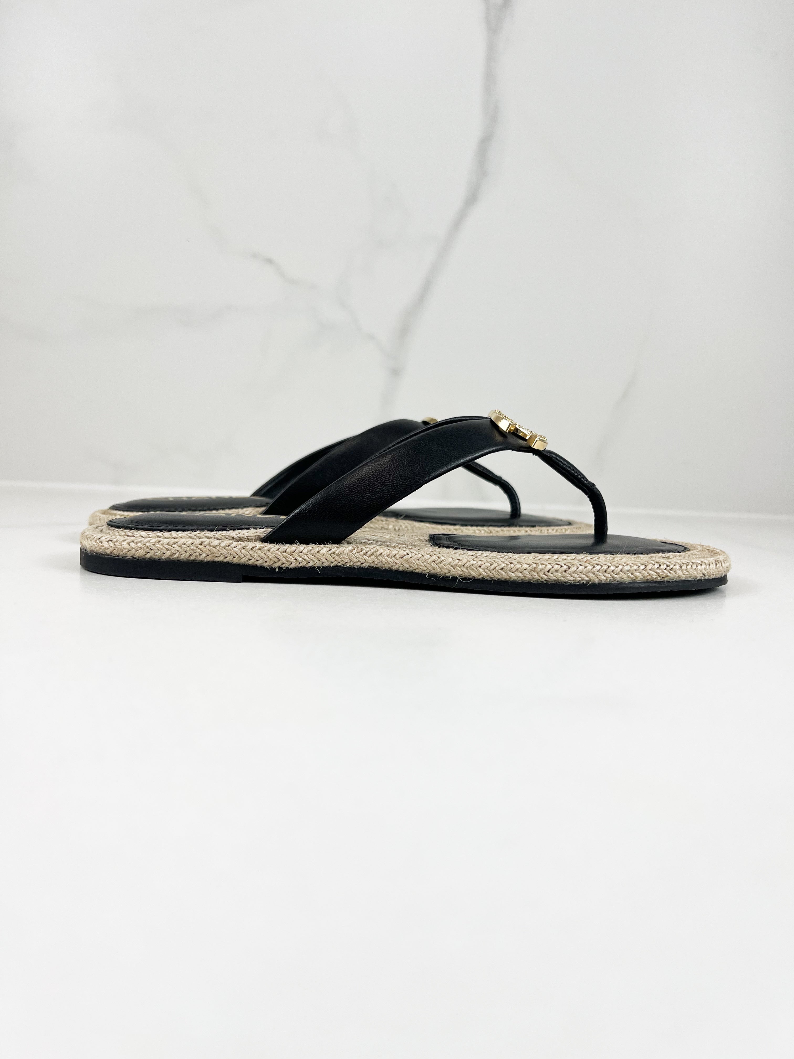 Chanel Black Raffia Thong Sandal with CC Logo GHW Size 39