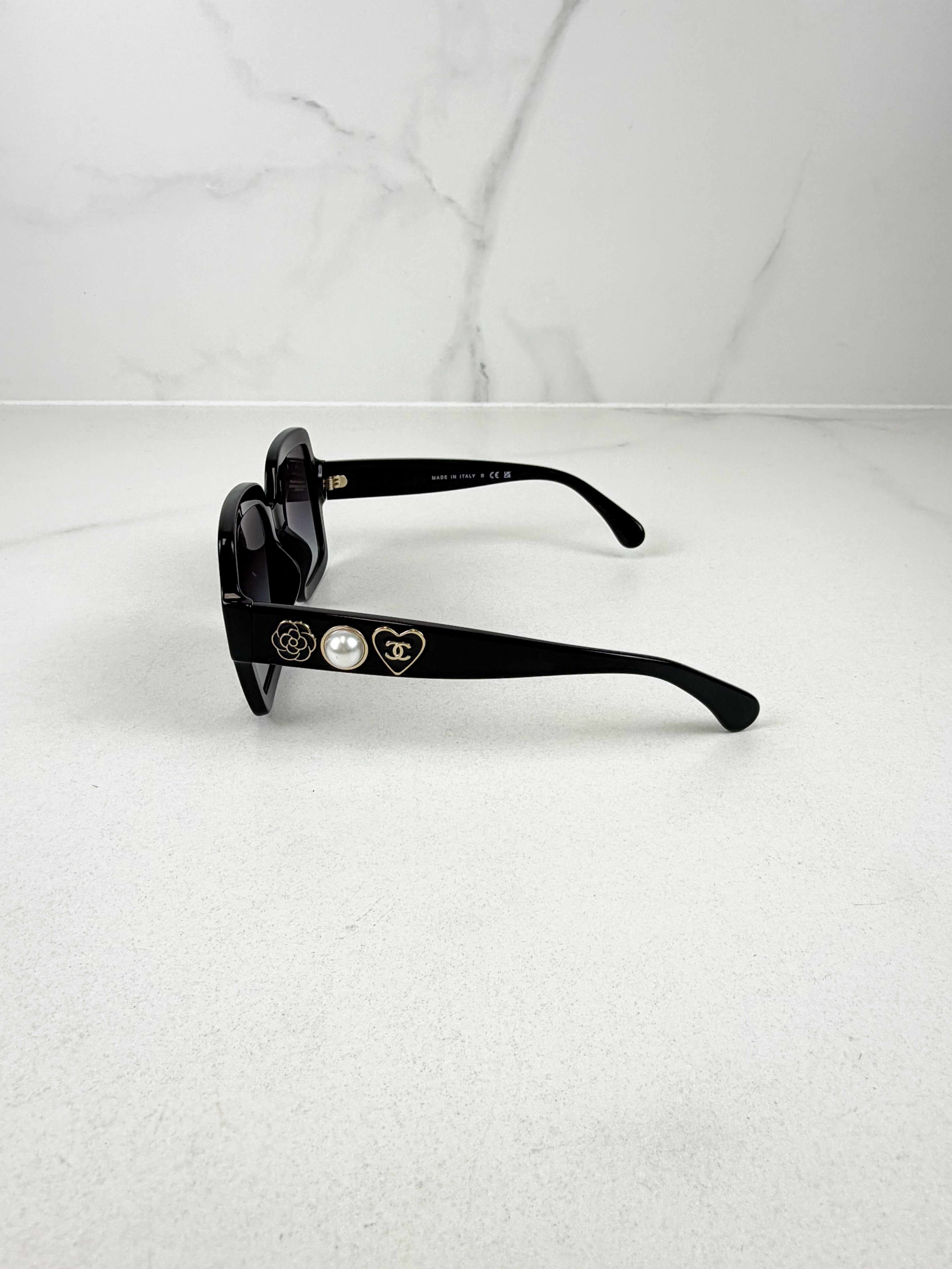 Chanel Black Acetate Charms Pearl Square Sunglasses 5479-A