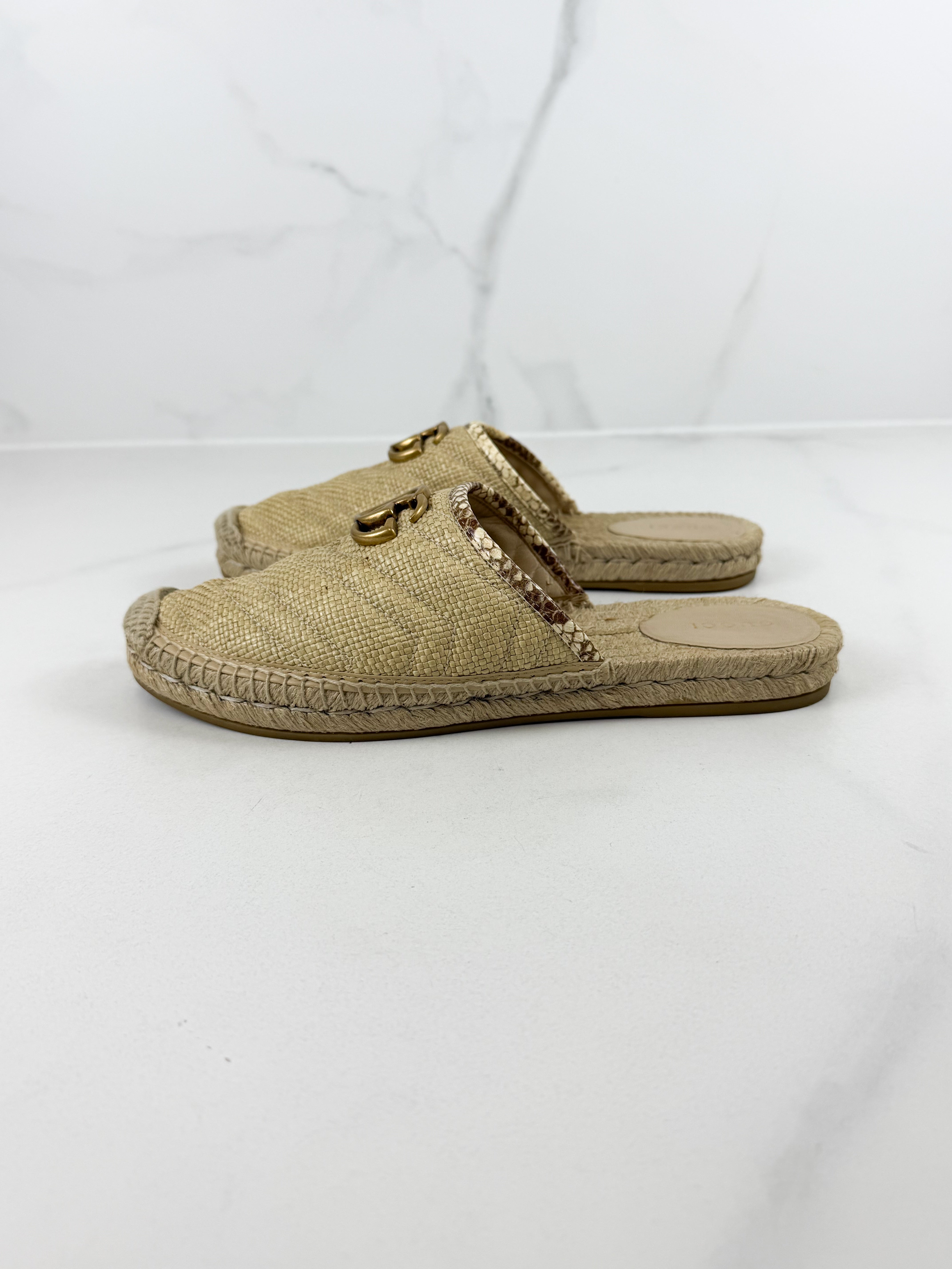 Gucci GG Marmont Matelassé Raffia Espadrille Mules Size 39