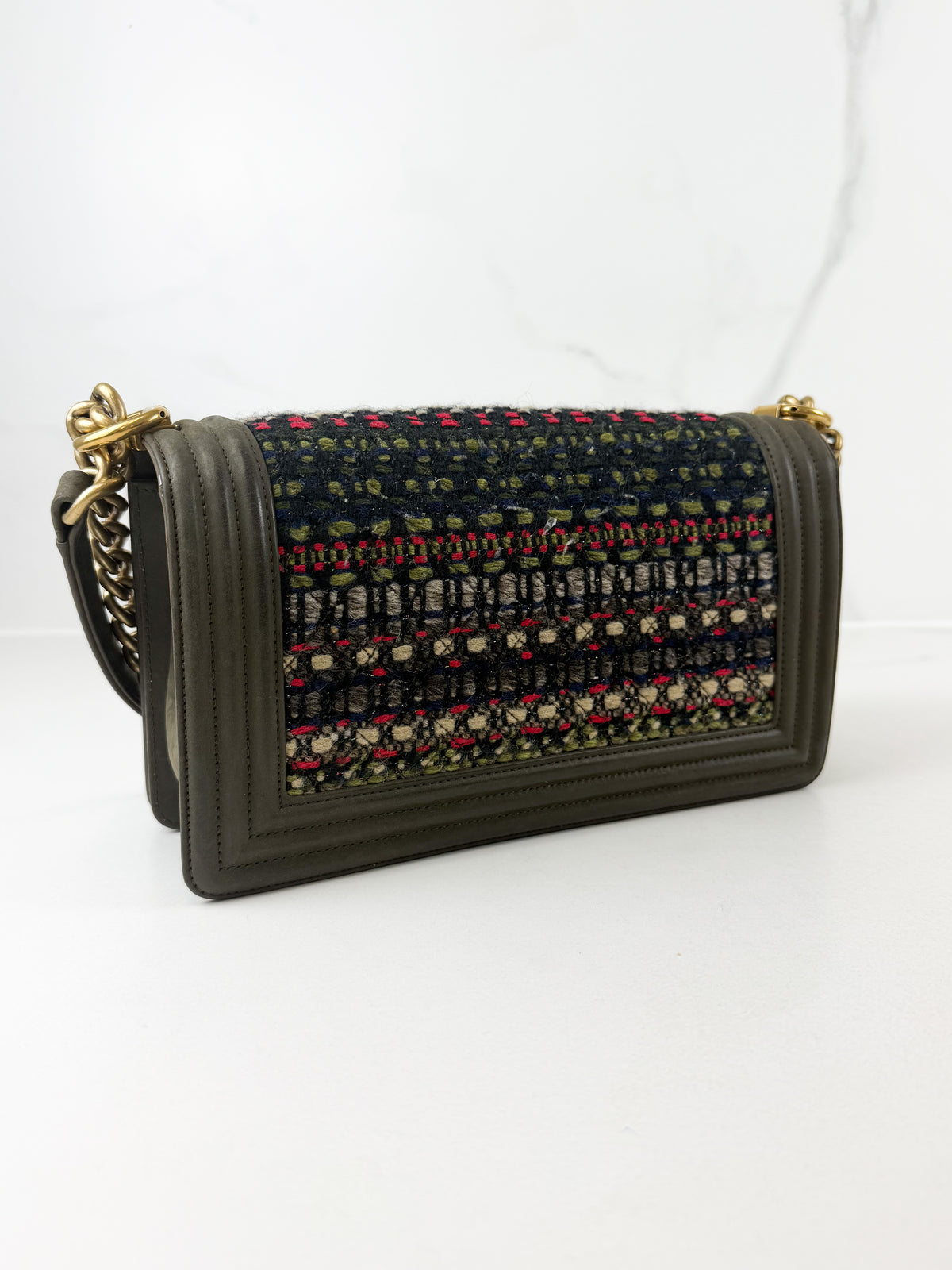 Chanel Khaki Fantasy Tweed Medium Boy Bag