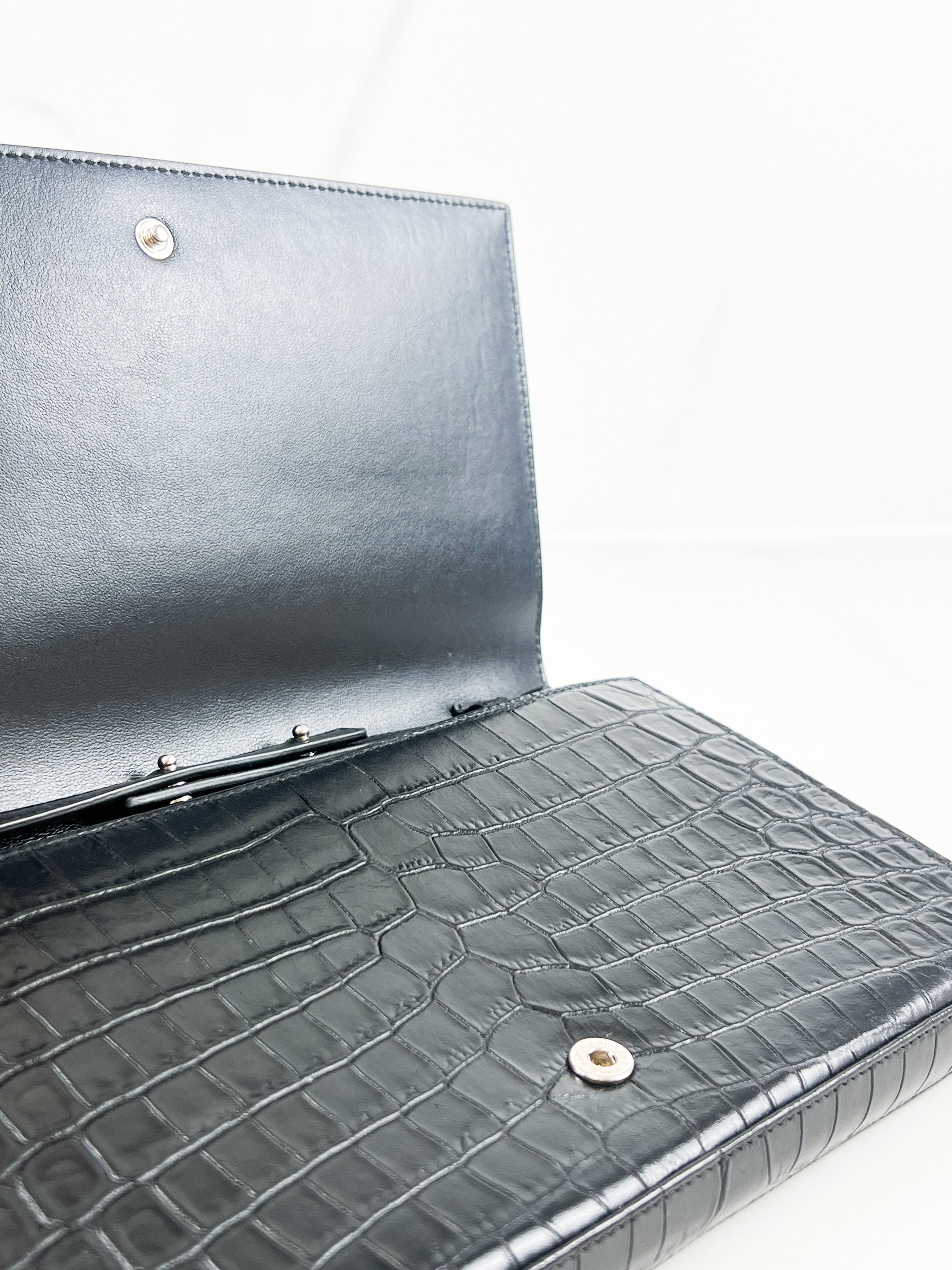 Saint Laurent Black Kate Chain Bag in Embossed Croc Leather