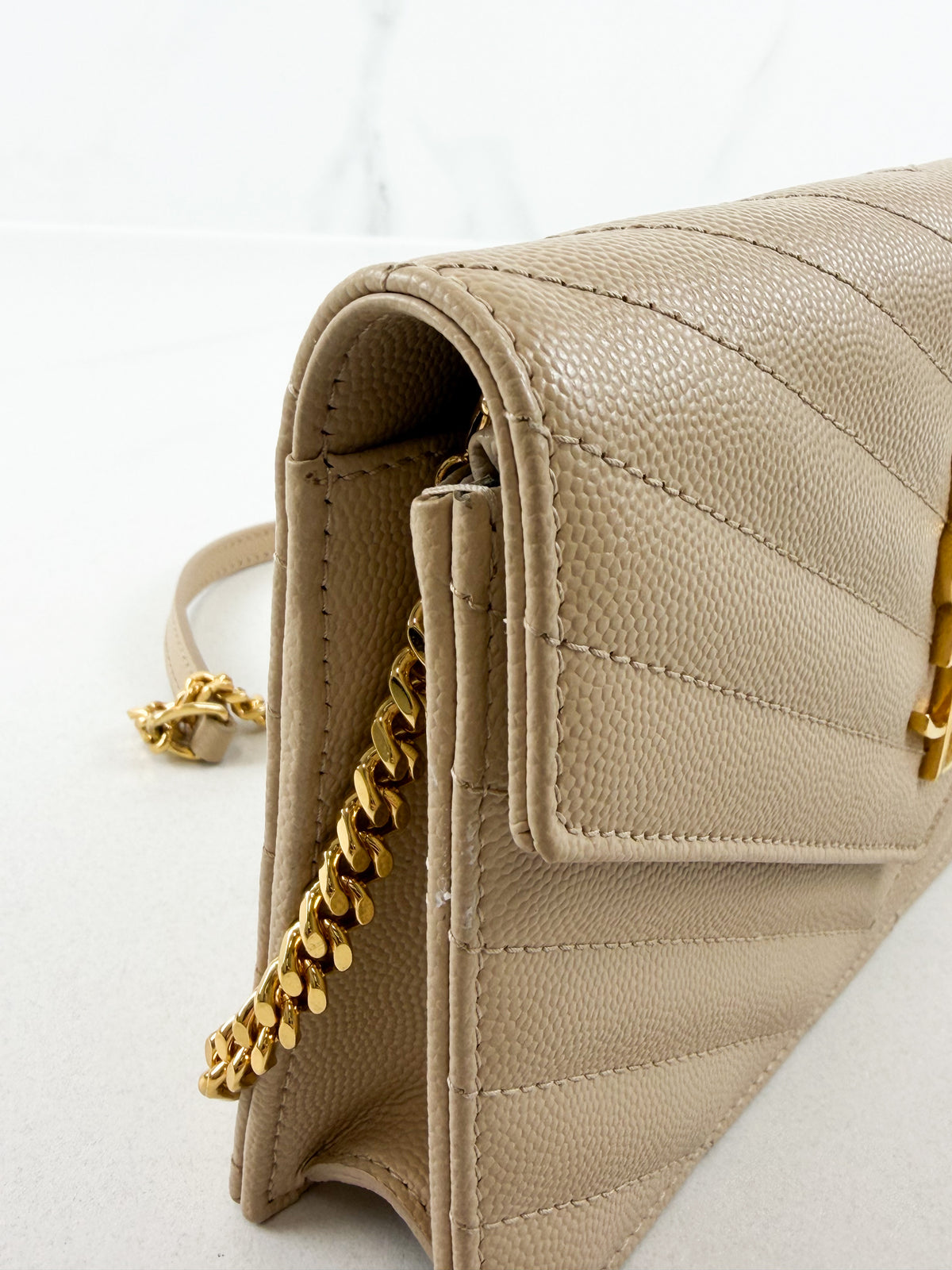 Saint Laurent Dark Beige Cassandre Envelope WOC in Grain De Poudre Leather with GHW