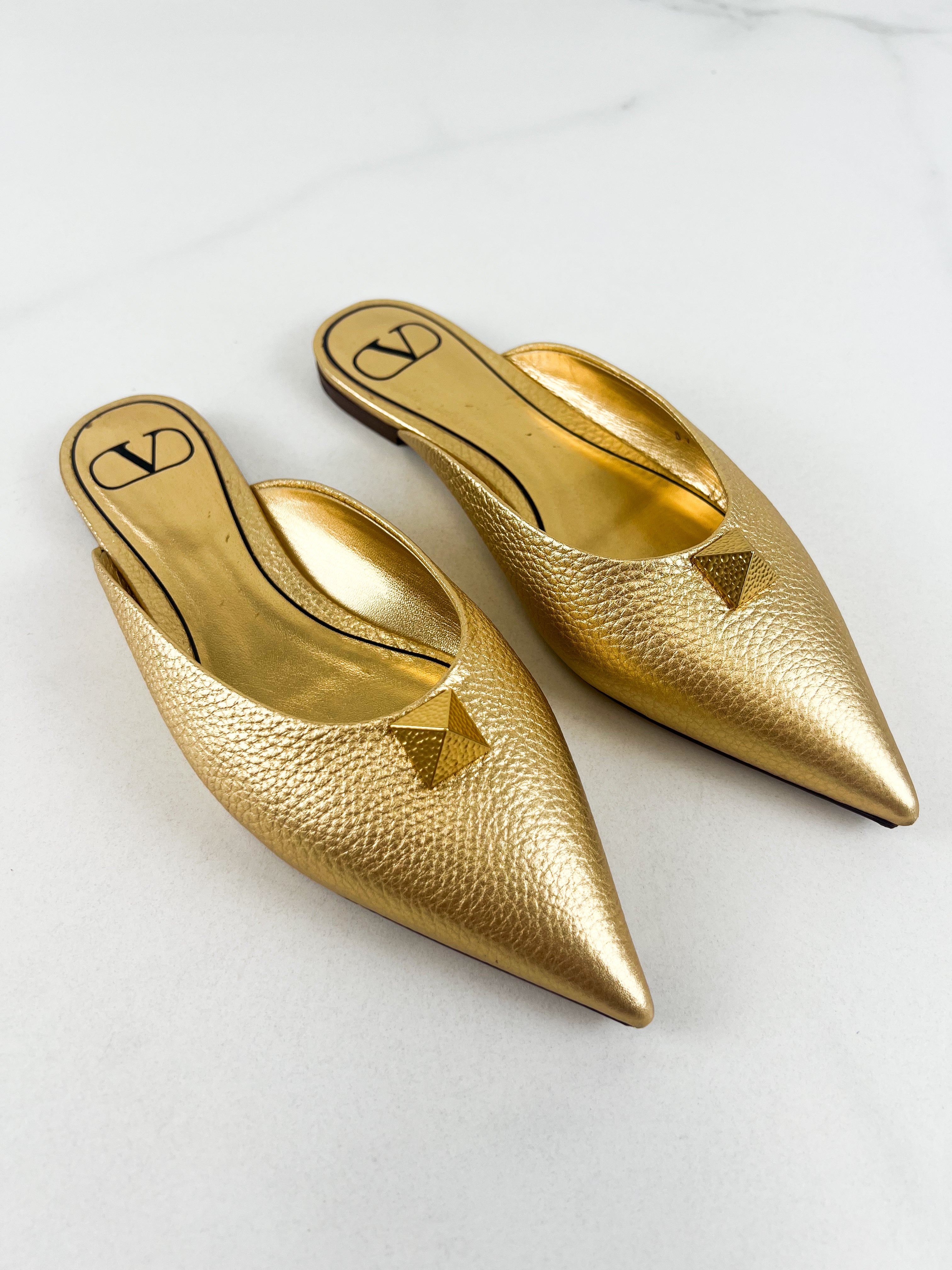 Valentino Garavani Roman Stud Metallic Flat Mules Size 36.5