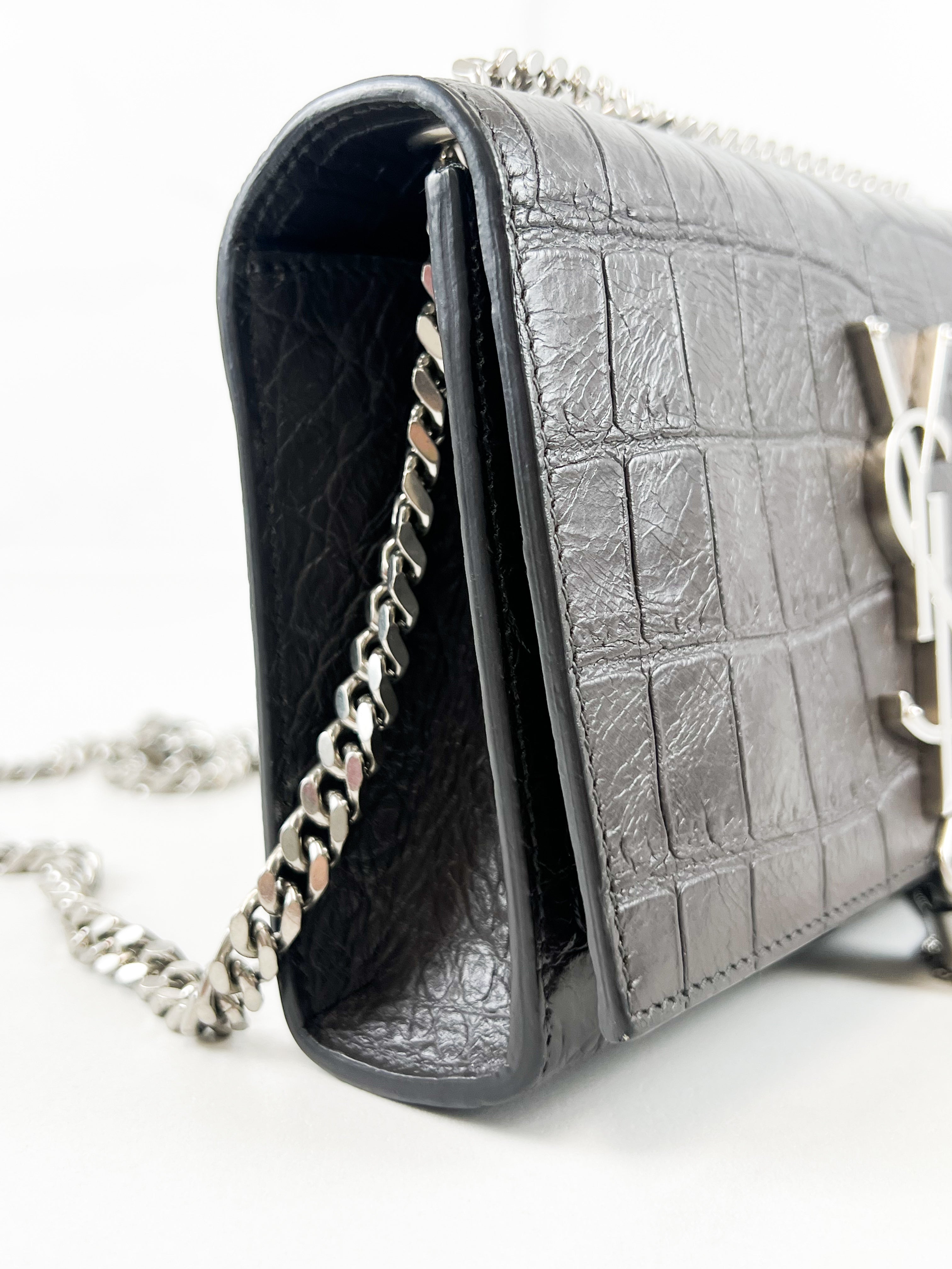 Saint Laurent Mini Kate Croc Embossed with SHW Tassel in Charcoal Brown