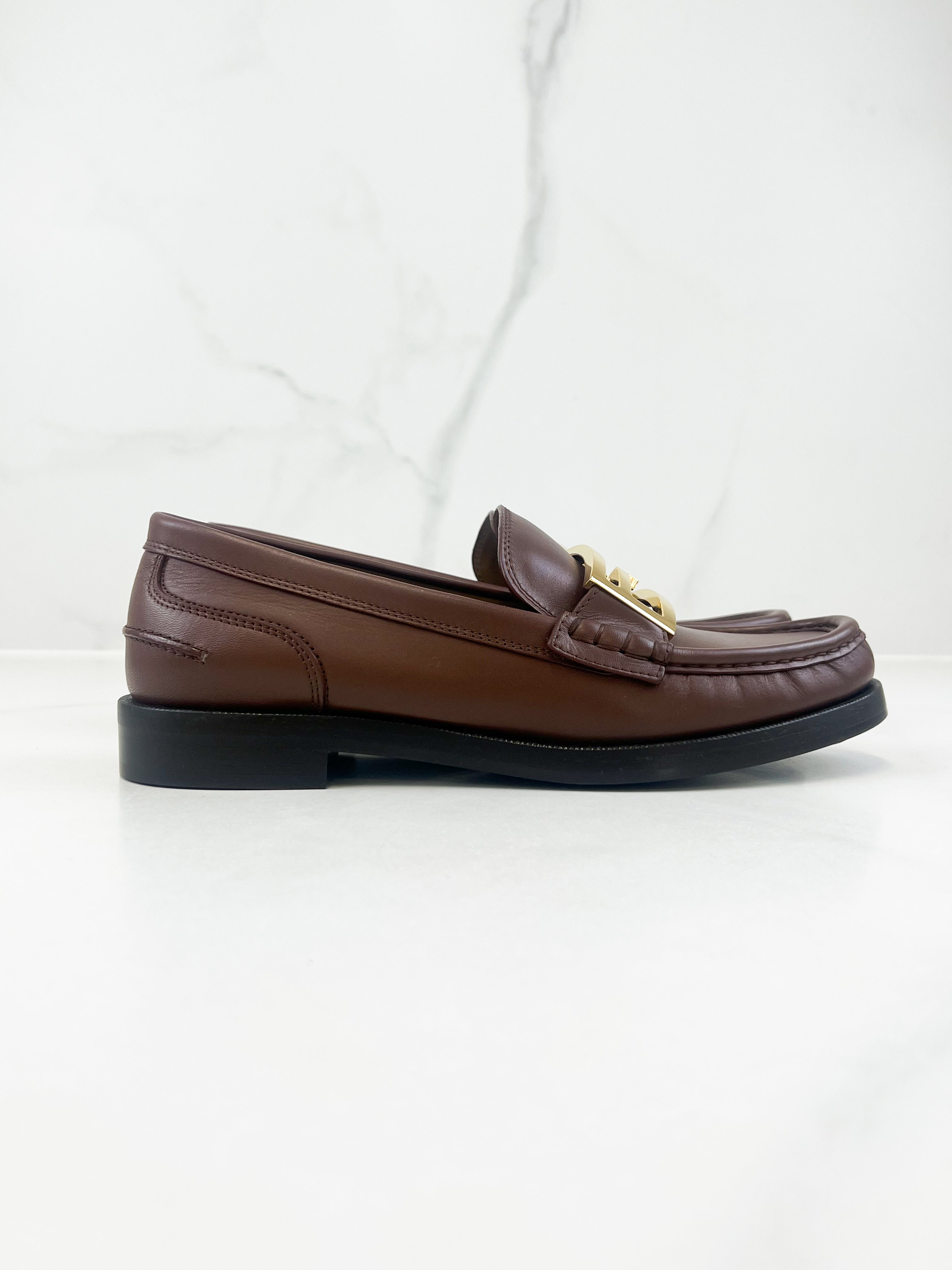 Fendi Mahogany Loafer with Gold-tone FF Plaque Size 40
