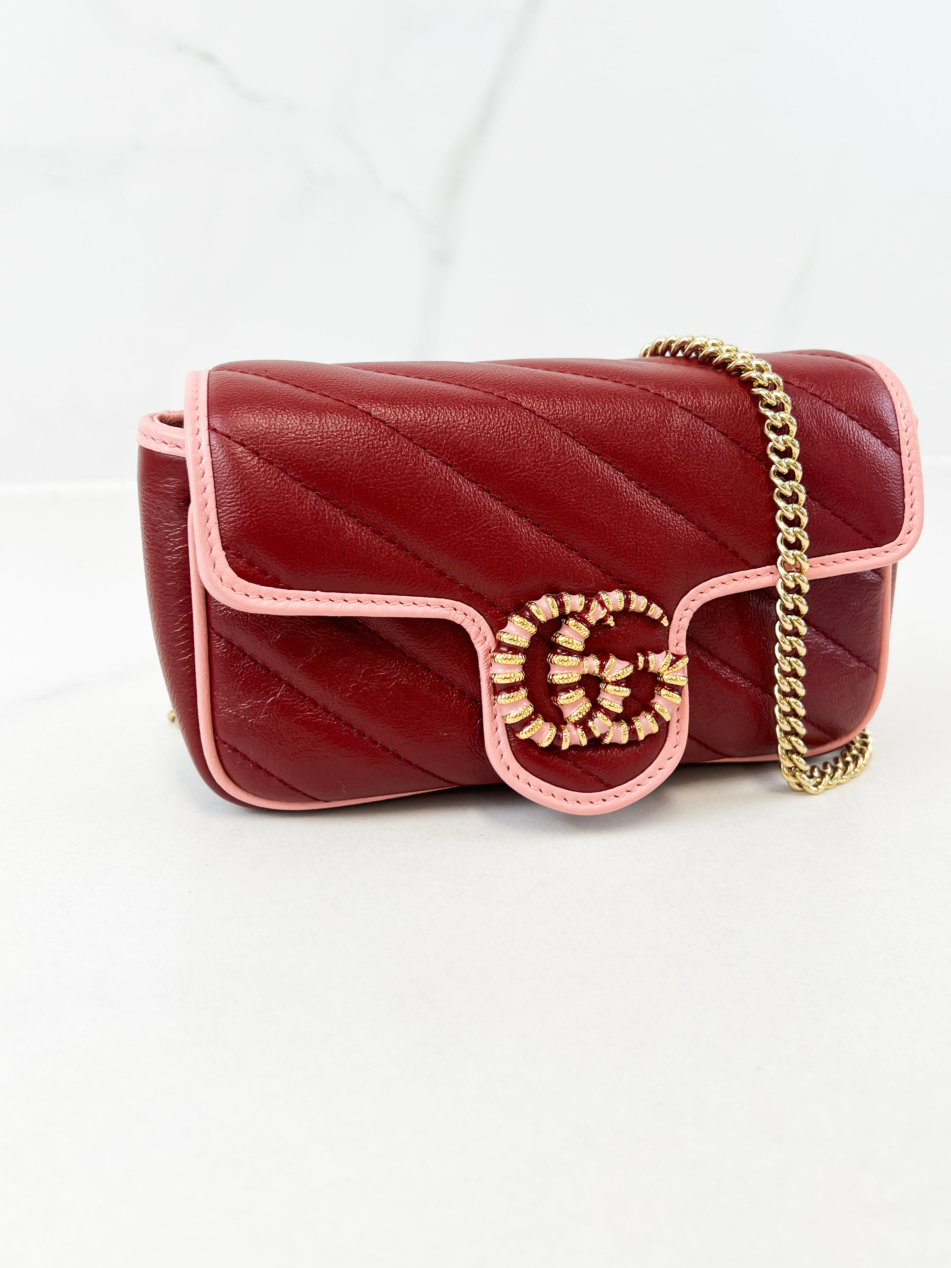 Gucci Super Mini Marmont in Red/Burgundy Matelassé Leather with Light Pink Piping