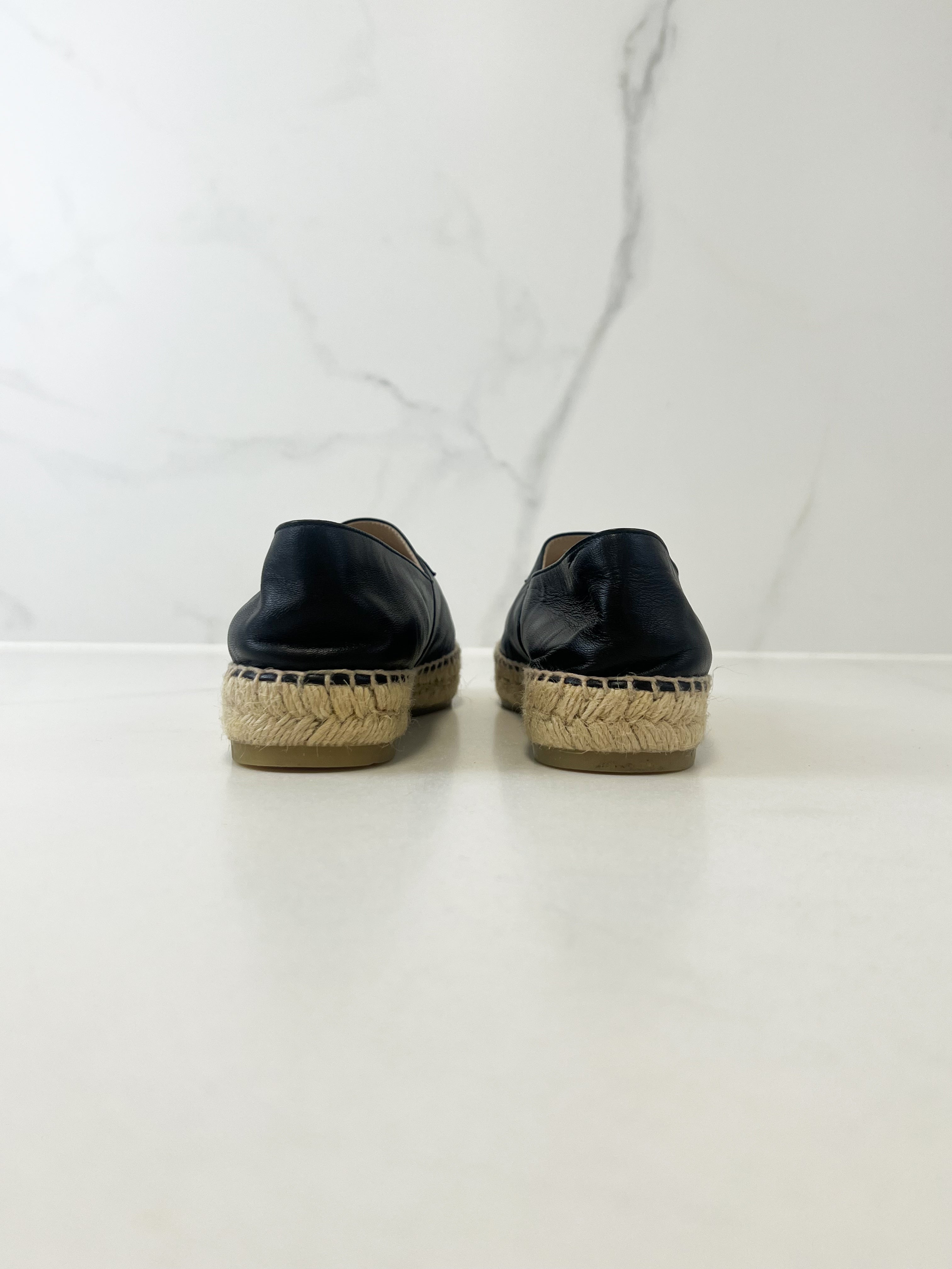 Chanel CC Logo Black Leather Espadrilles Size 37
