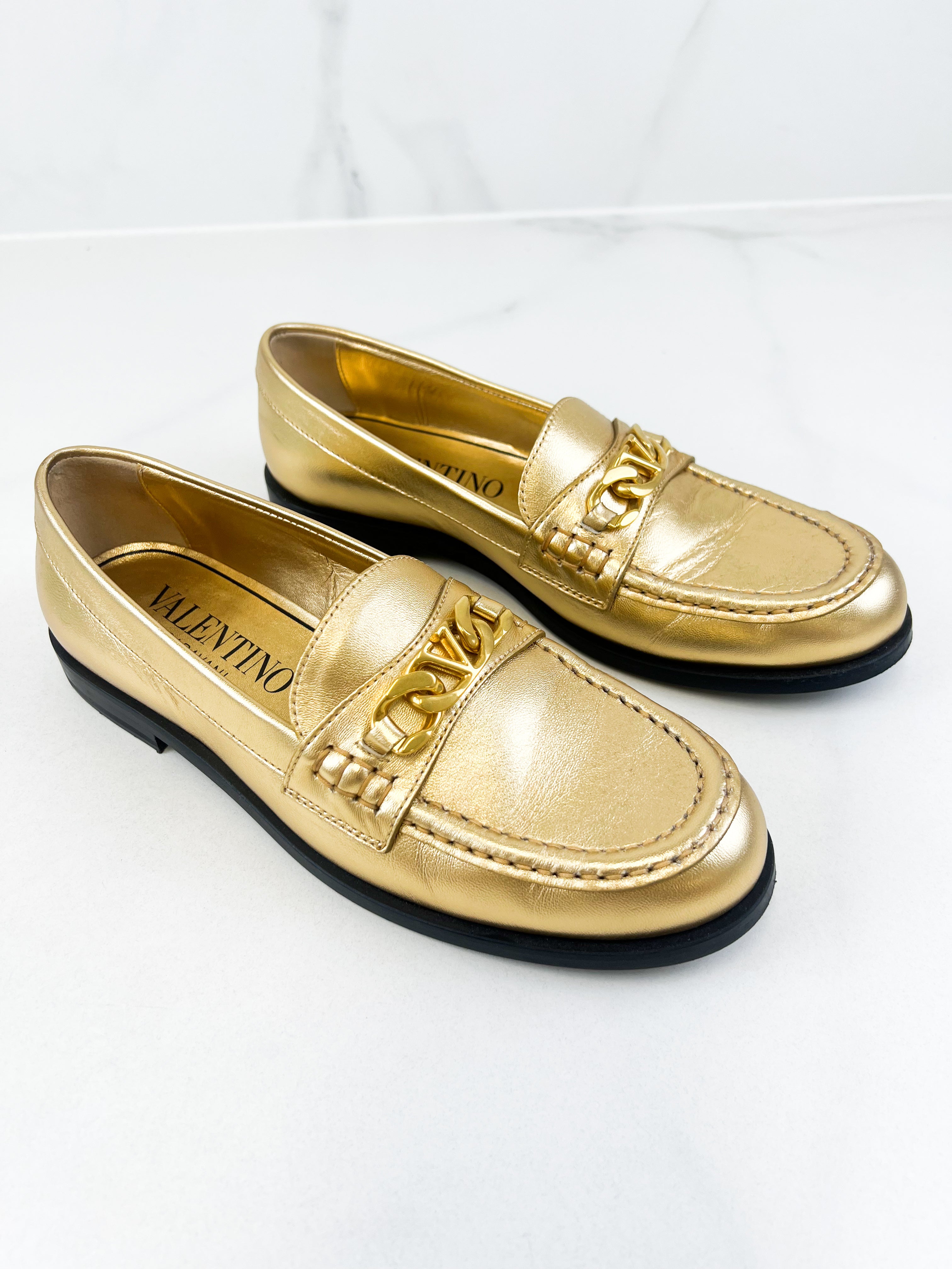 Valentino Logo Loafer in Metallic Gold with GHW Size 38