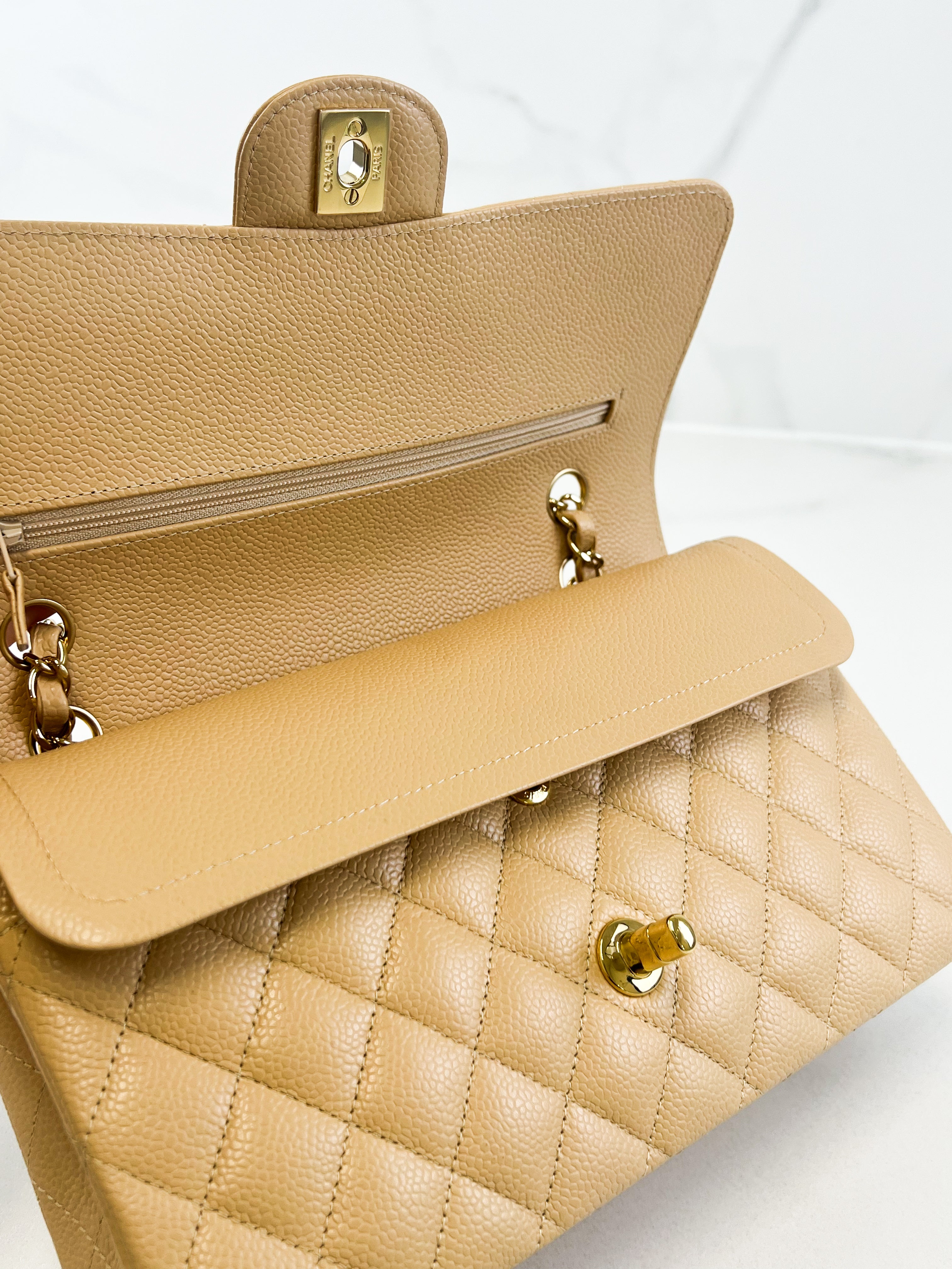 Chanel CC Medium Caviar Beige Classic Double Flap Shoulder Bag