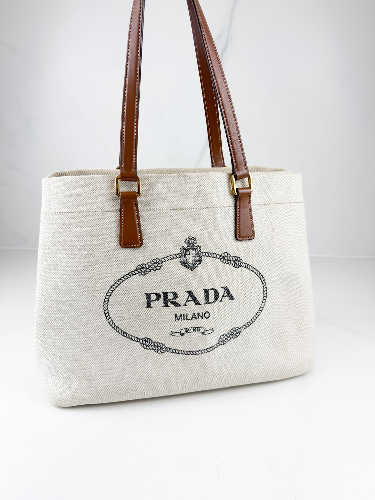 Prada Canvas Tote Bag with Leather Handles