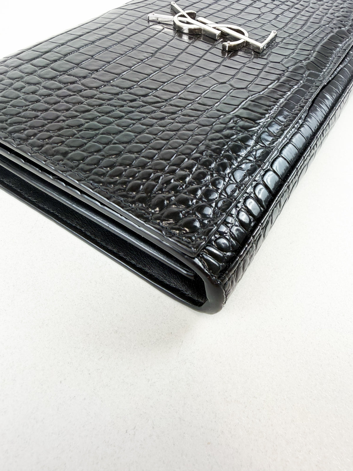 Saint Laurent Black Kate Chain Bag in Embossed Croc Leather