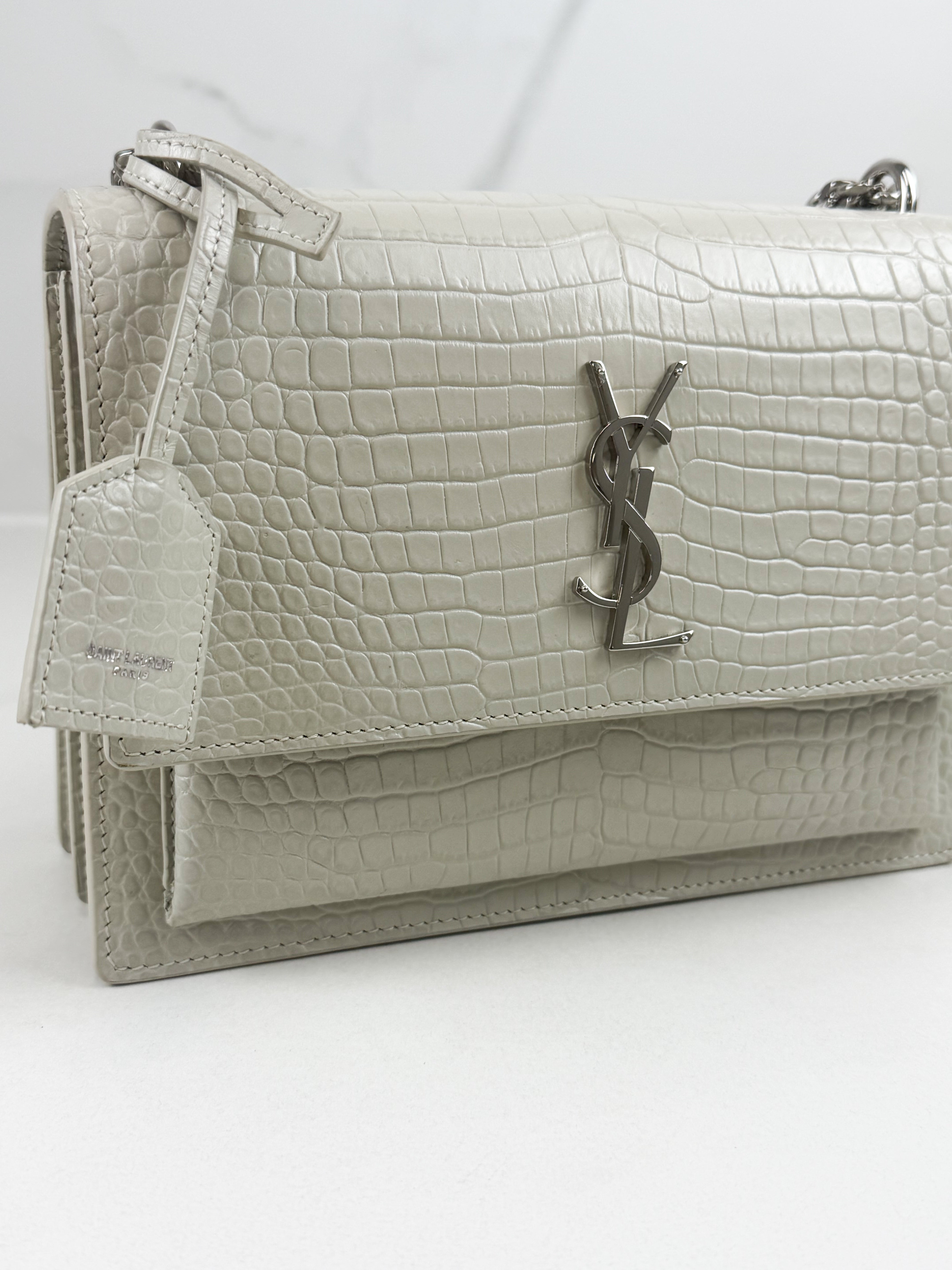 Saint Laurent Sunset Medium In Croc-embossed leather Blanc Vintage