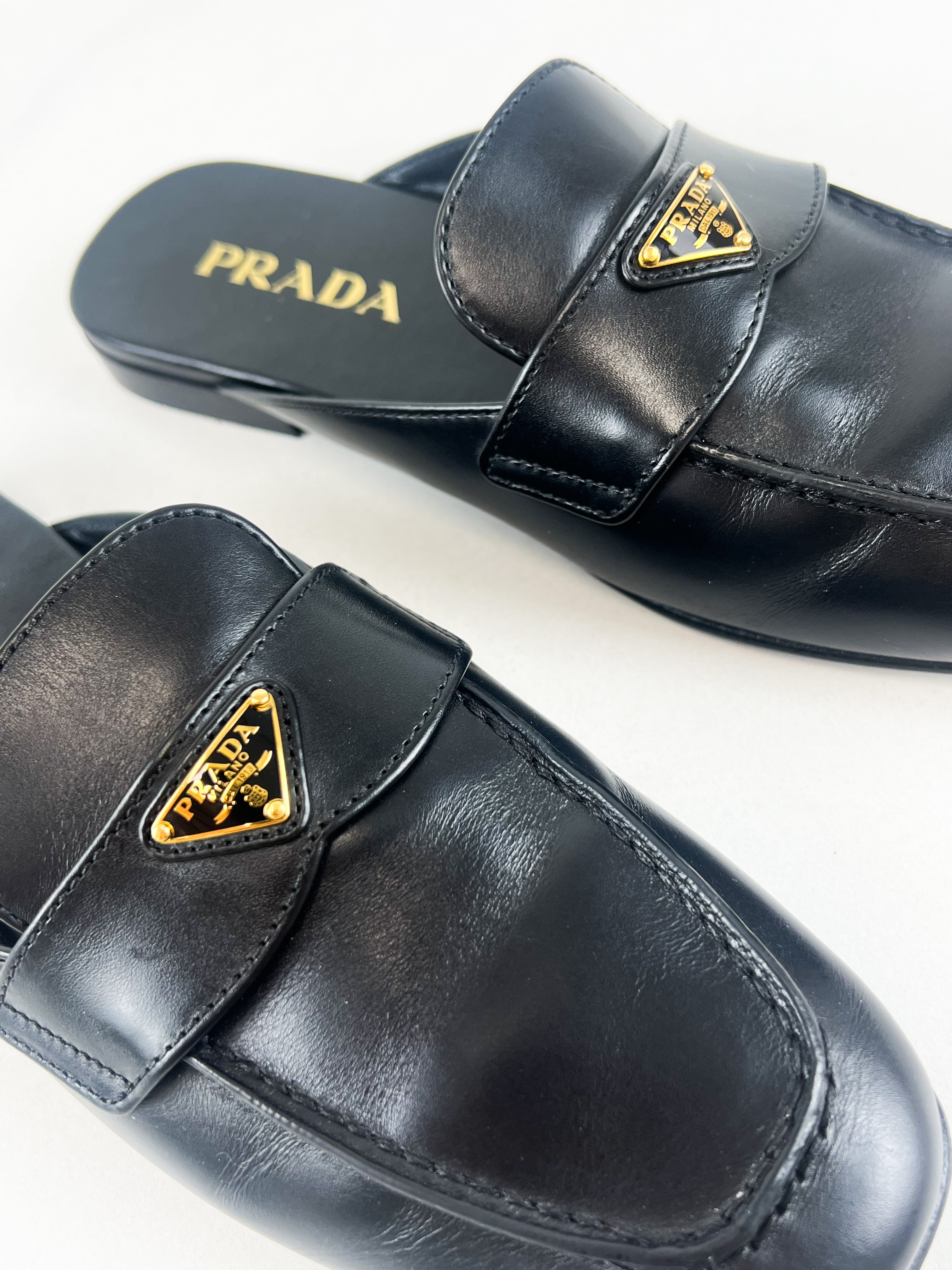 Prada Black Brushed leather Mules Size 37.5