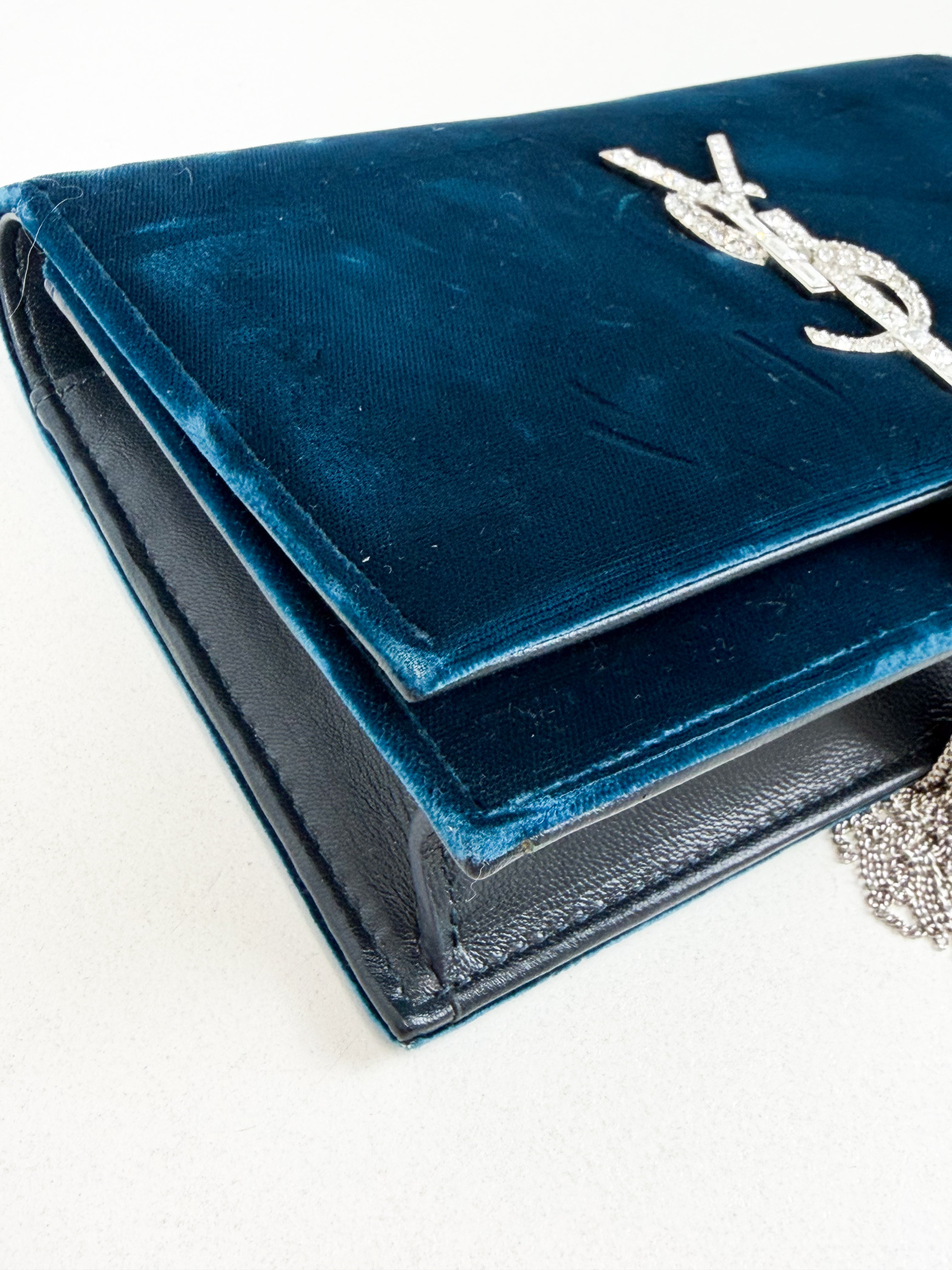 Saint Laurent Velvet Crystal Monogram Kate Tassel Chain Wallet in Blue