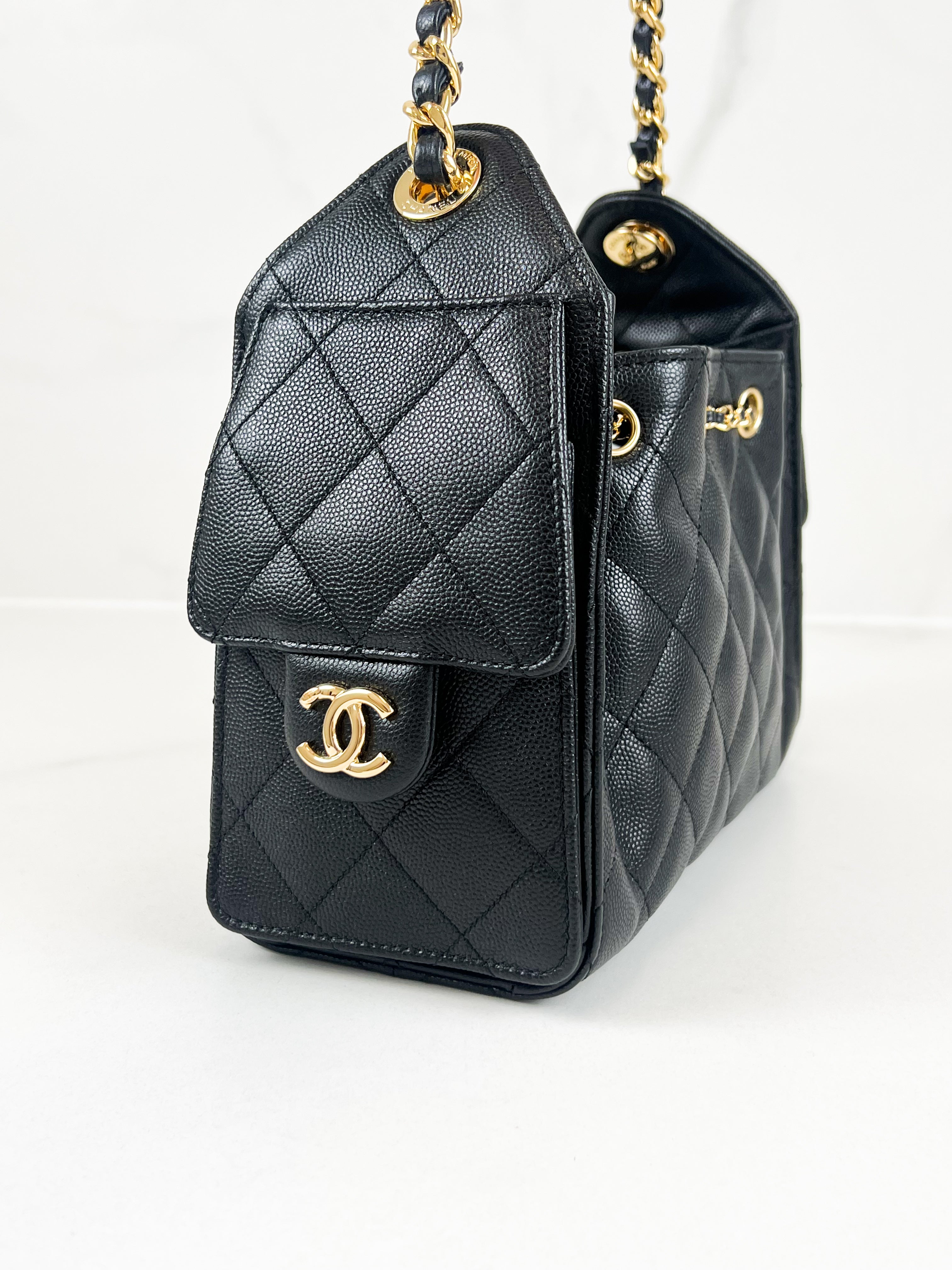 Chanel 25 Mini Handbag in Black Grained Calfskin & Gold-Tone Metal