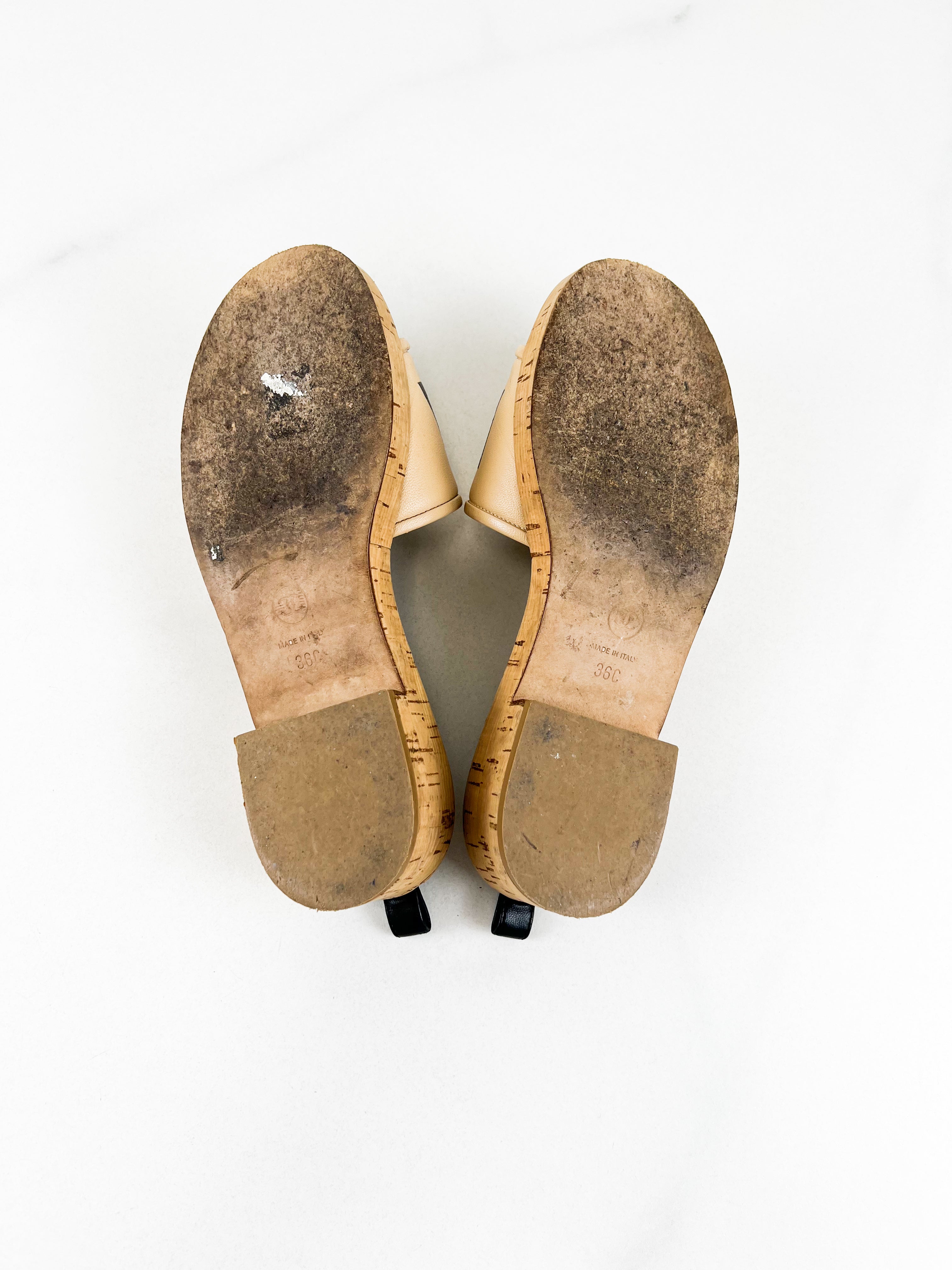 Chanel Beige Leather CC Cork Slide Sandal Size 36