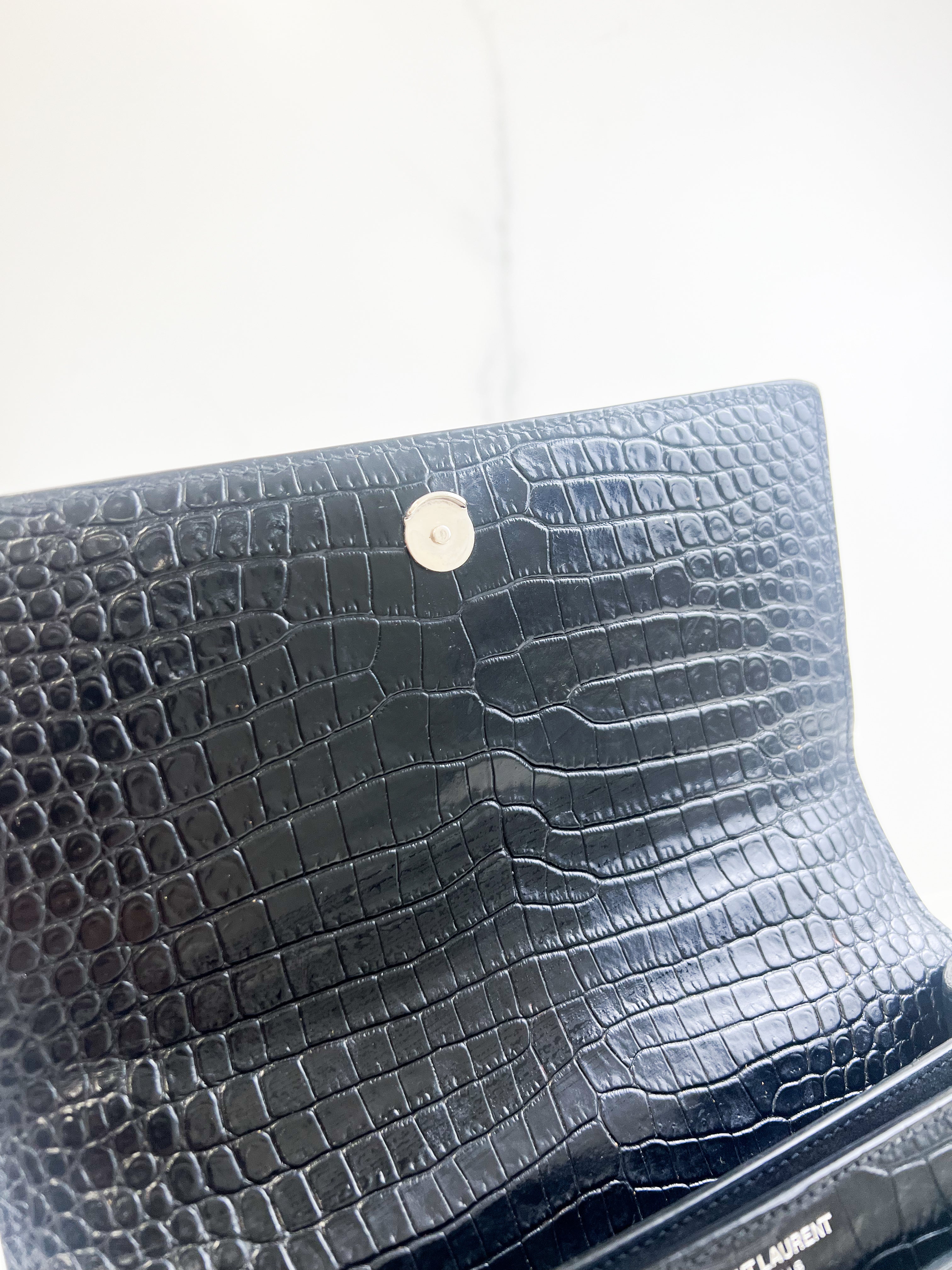 Saint Laurent Sunset Medium Black Croc Shoulder Bag with SHW